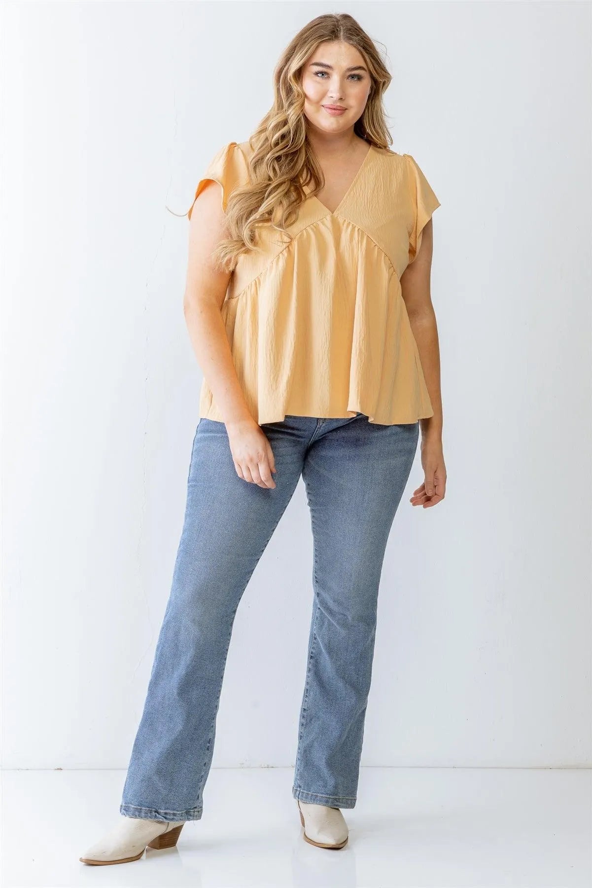Junior Plus Pale Apricot Textured Short Sleeve Flare Hem Top /3-2-1 - Tasha Apparel Wholesale