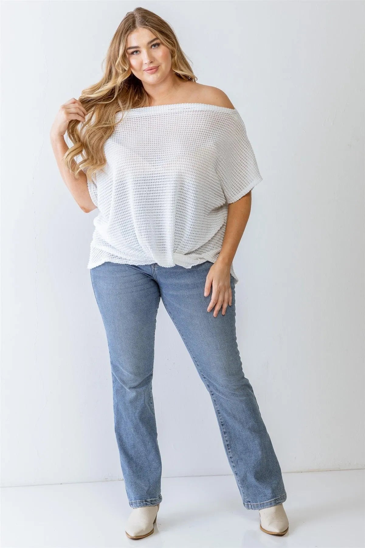 Junior Plus White Knit Off-The-Shoulder Wrap Detail Top /3-2-1 - Tasha Apparel Wholesale