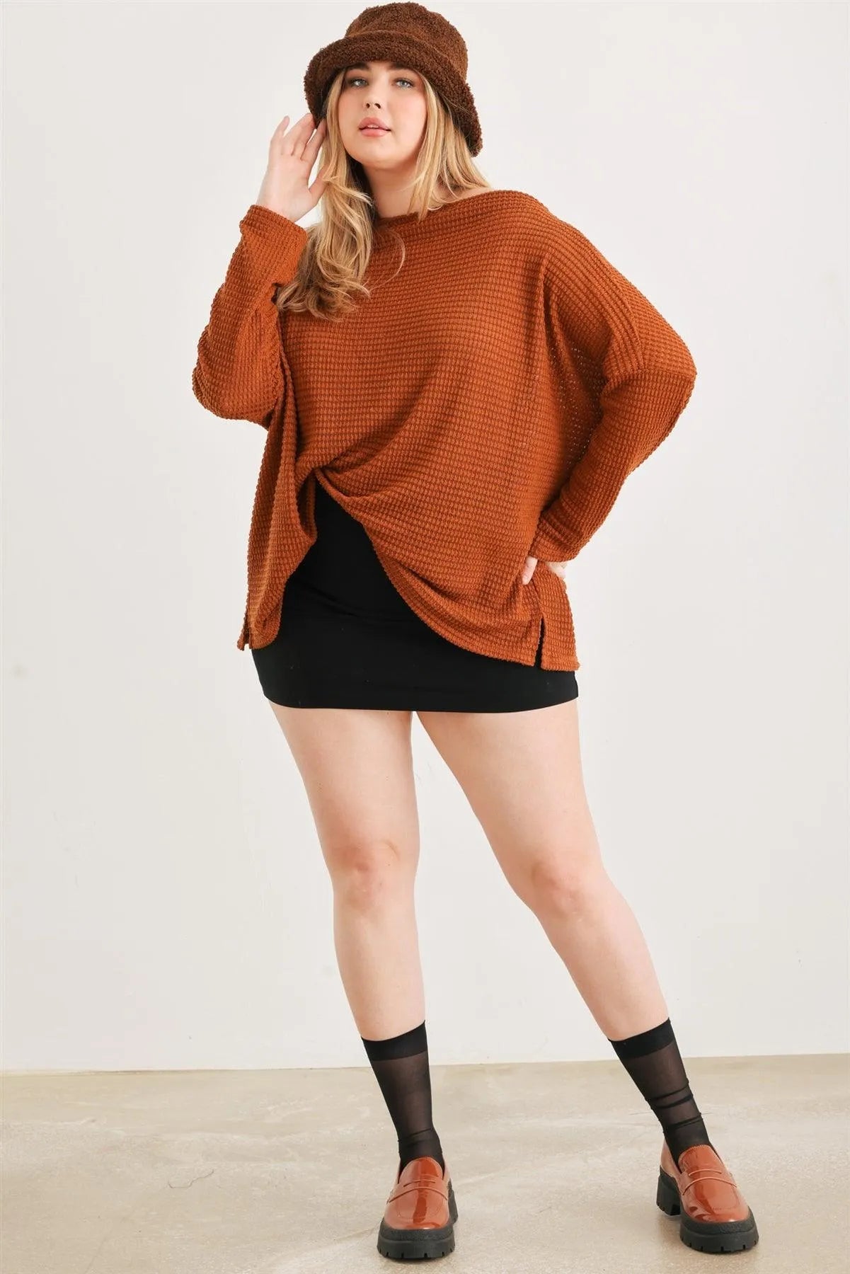 Junior Plus Camel Waffle Knit Long Sleeve Relax Top /3-2-1 - Tasha Apparel Wholesale
