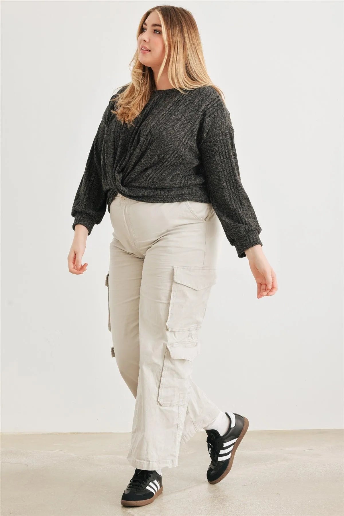 Junior Plus Charcoal Wrap Hem Back Lace-Up Long Sleeve Top /3-2-1 - Tasha Apparel Wholesale