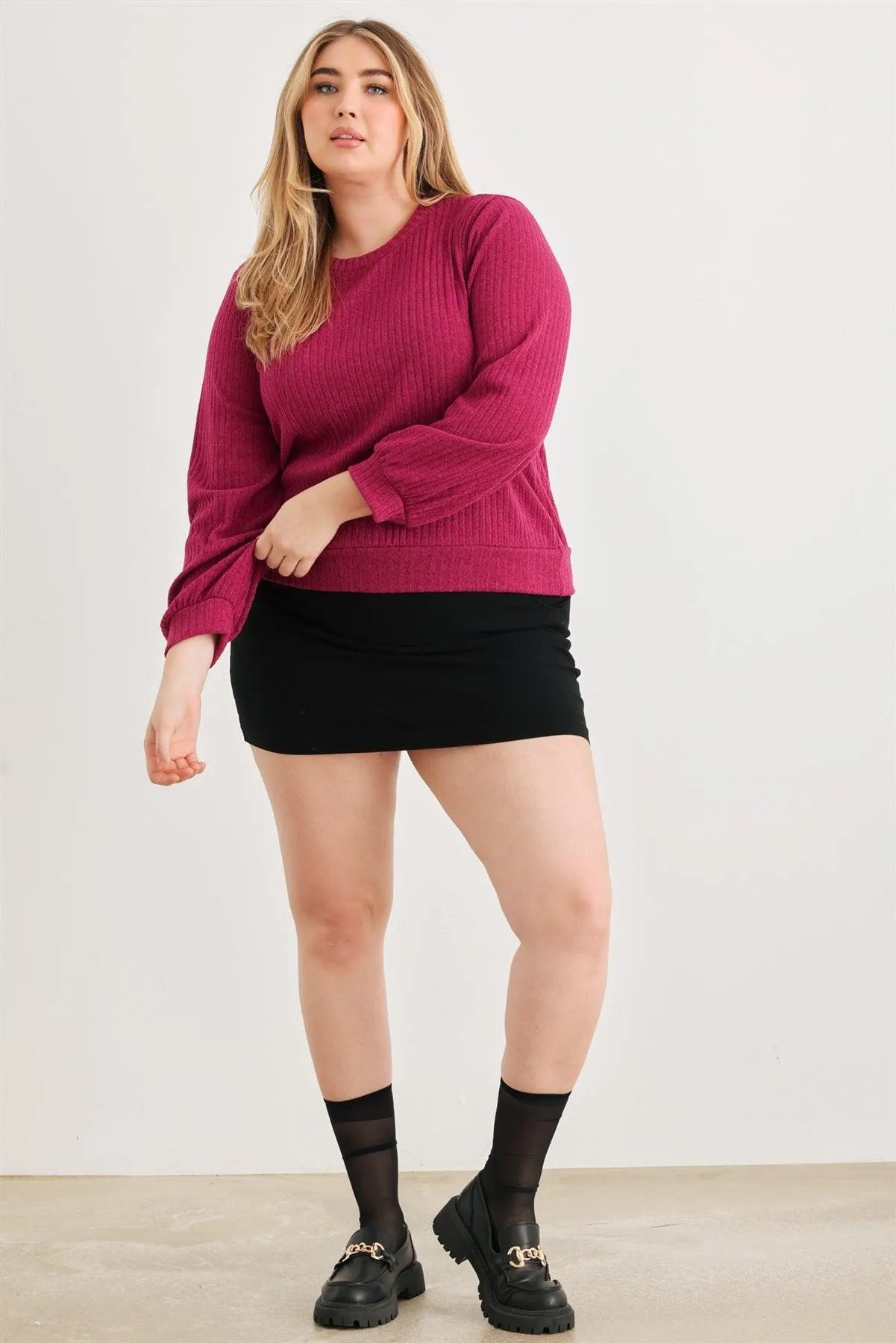 Junior Plus Magenta Ribbed Long Sleeve Open Tie Back Top /3-2-1 - Tasha Apparel Wholesale