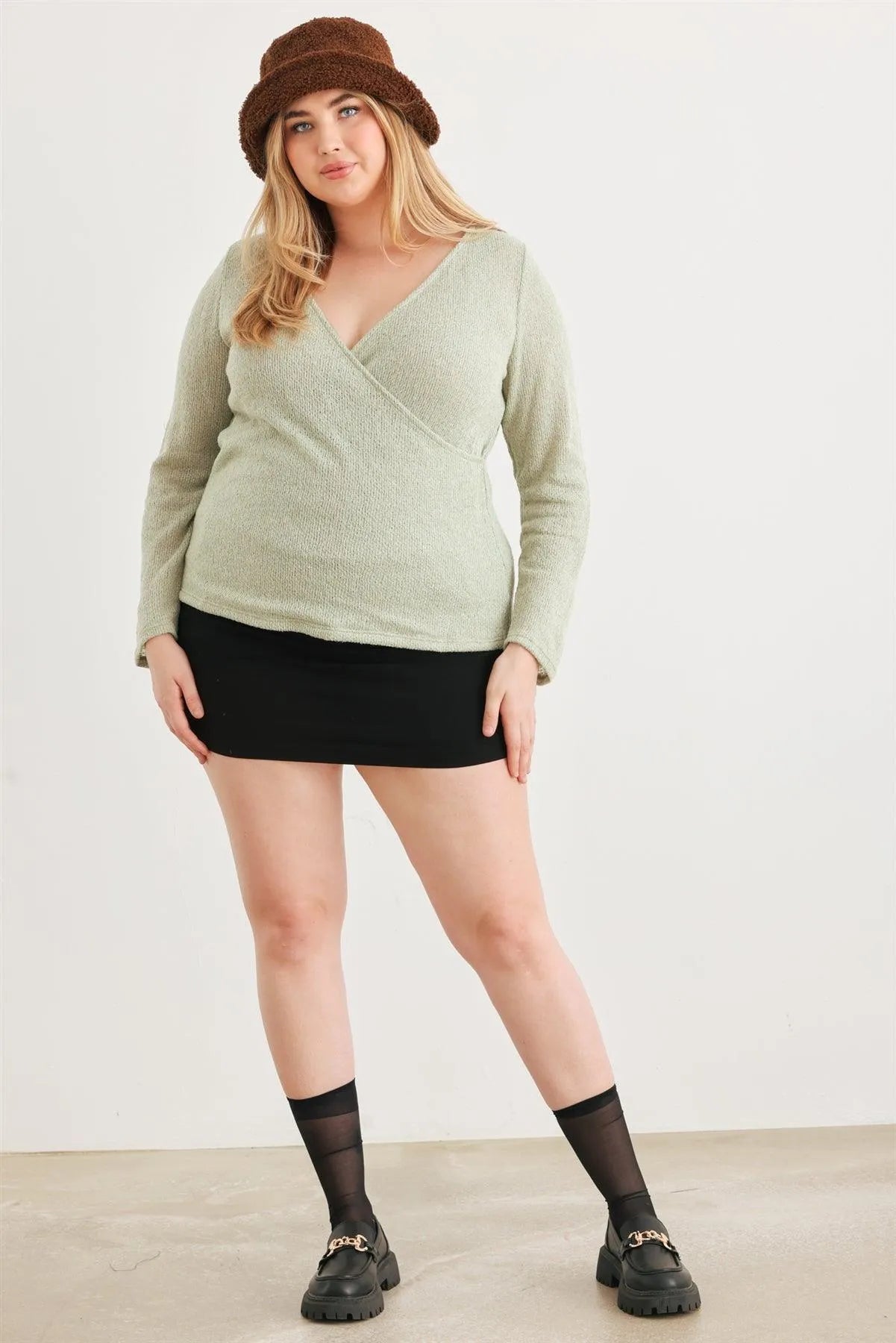 Junior Plus Light Green Knit Wrap Neck Long Sleeve Top /3-2-1 - Tasha Apparel Wholesale