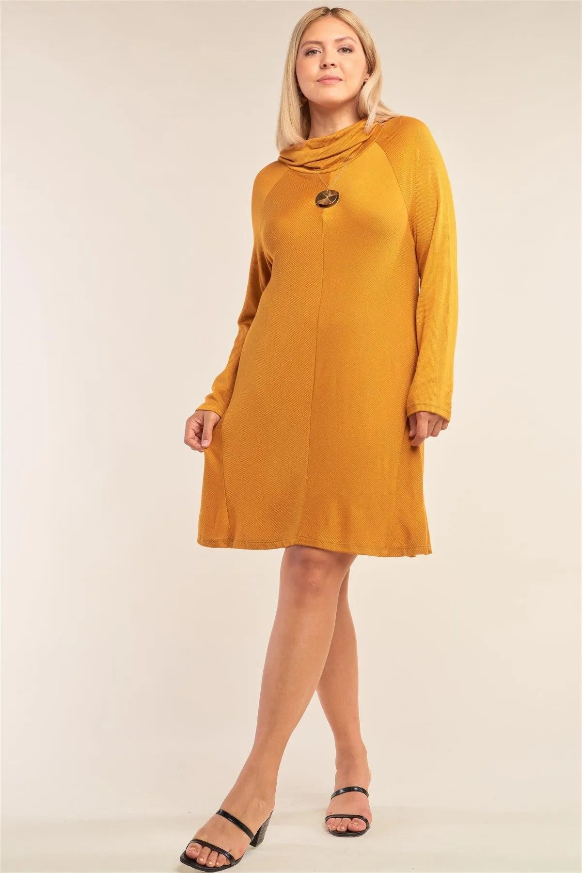 Junior Plus Size Amber Loose Fit Long Sleeve Semi-Turtleneck Poncho Tunic Mini Dress /2-2-1-1 - Tasha Apparel Wholesale
