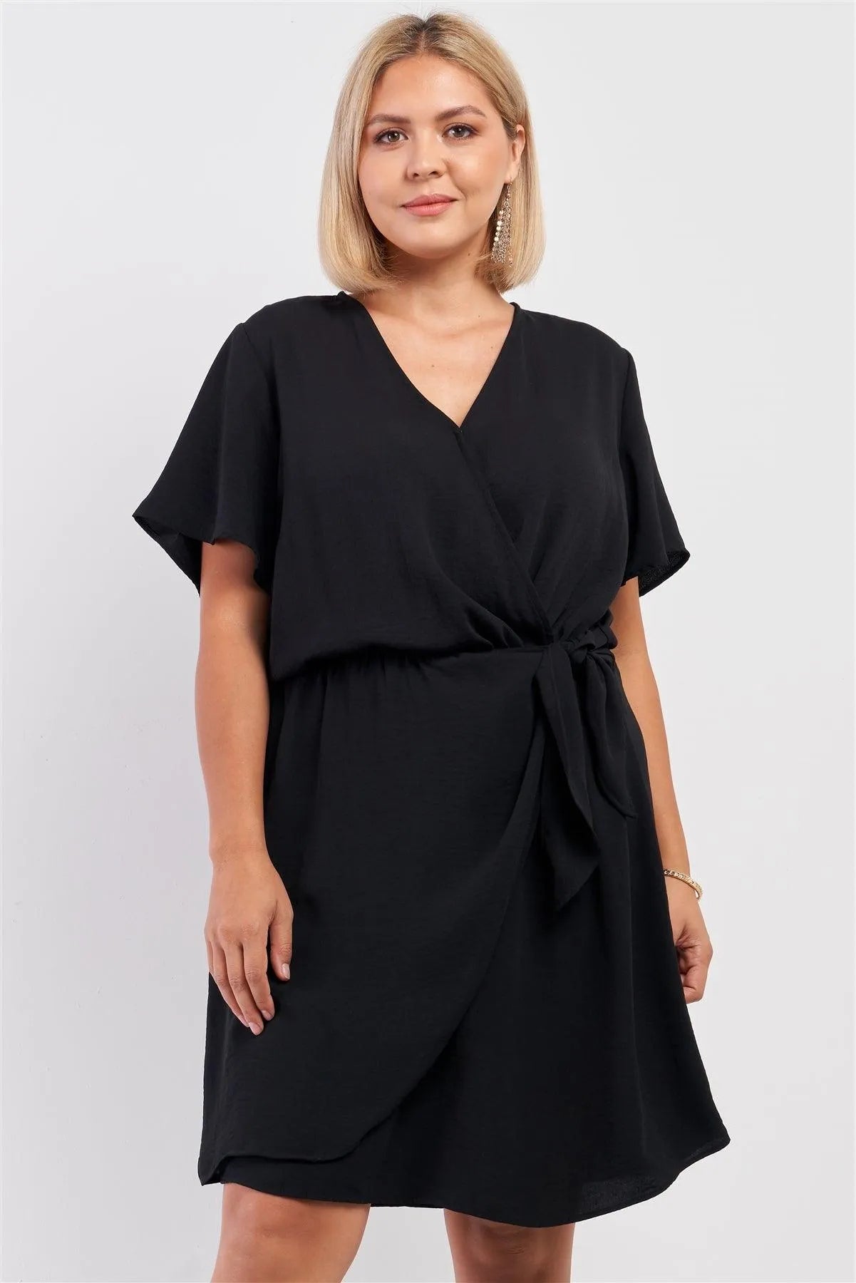 Junior Plus Black Wrap Front Self-Tie Waist Mini Dress /2-2-1 - Tasha Apparel Wholesale