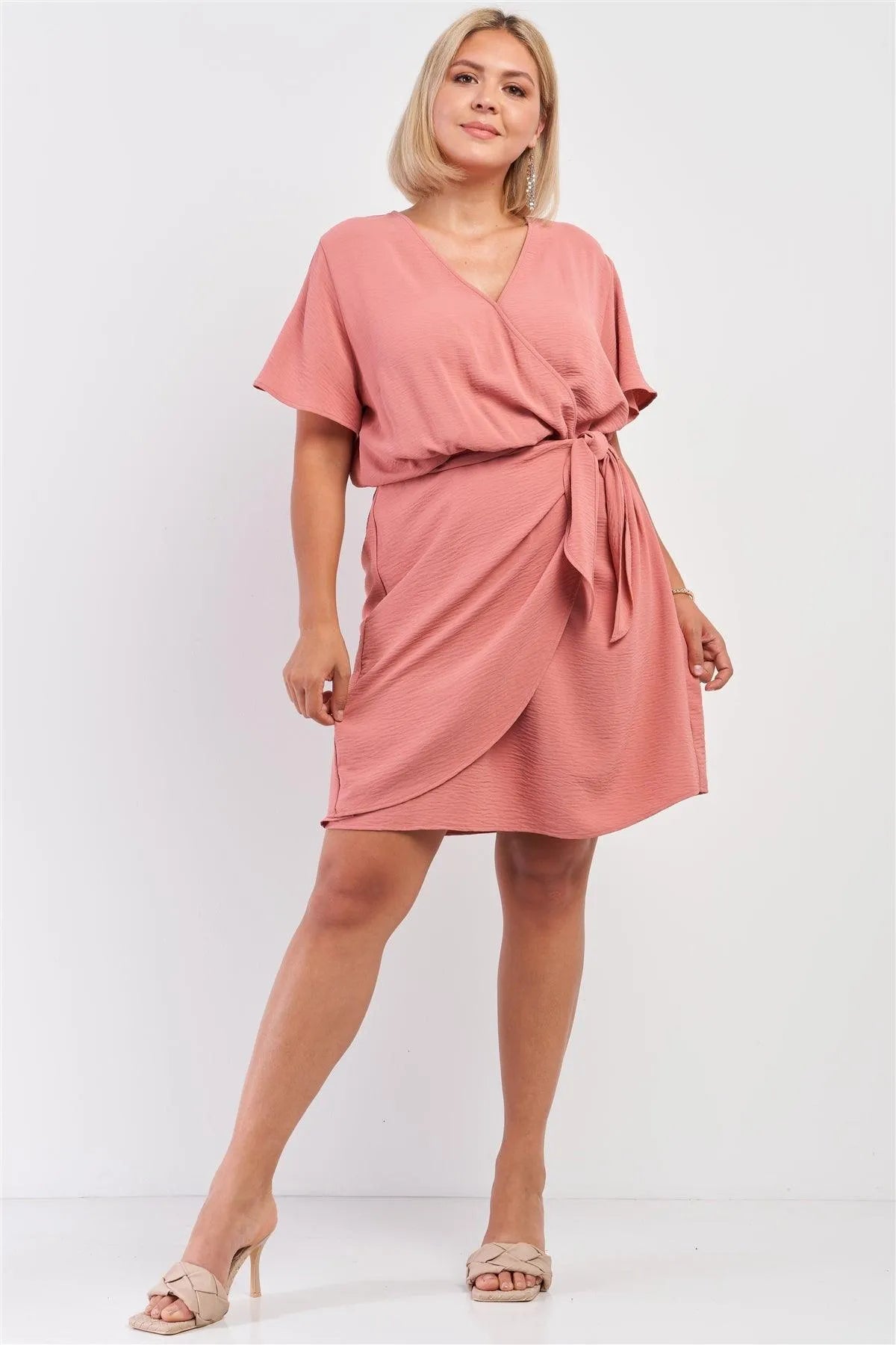 Junior Plus Blush Wrap Front Self-Tie Waist Mini Dress /3-2-1 - Tasha Apparel Wholesale