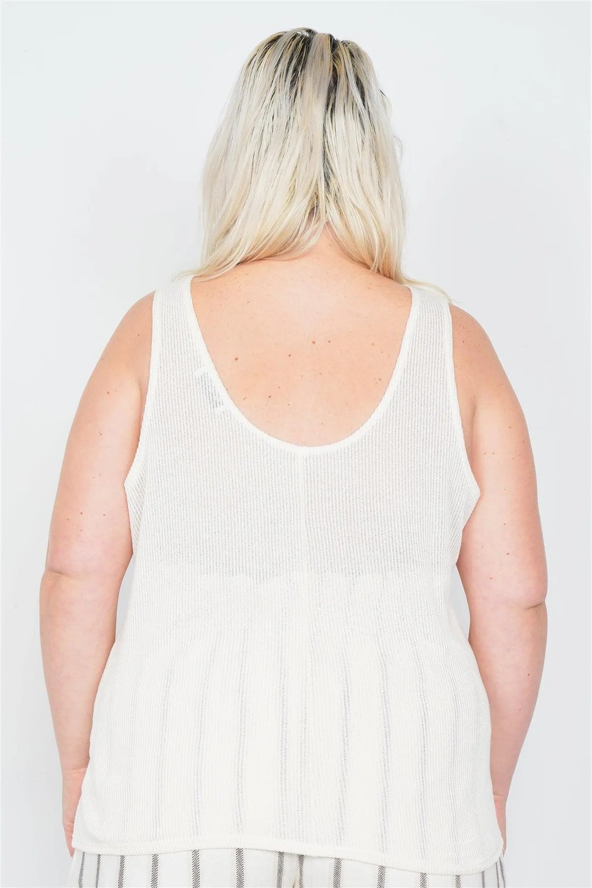 Plus Size Sheer Ivory Ribbed Causal Tank Top /3-2-1 - Tasha Apparel Wholesale