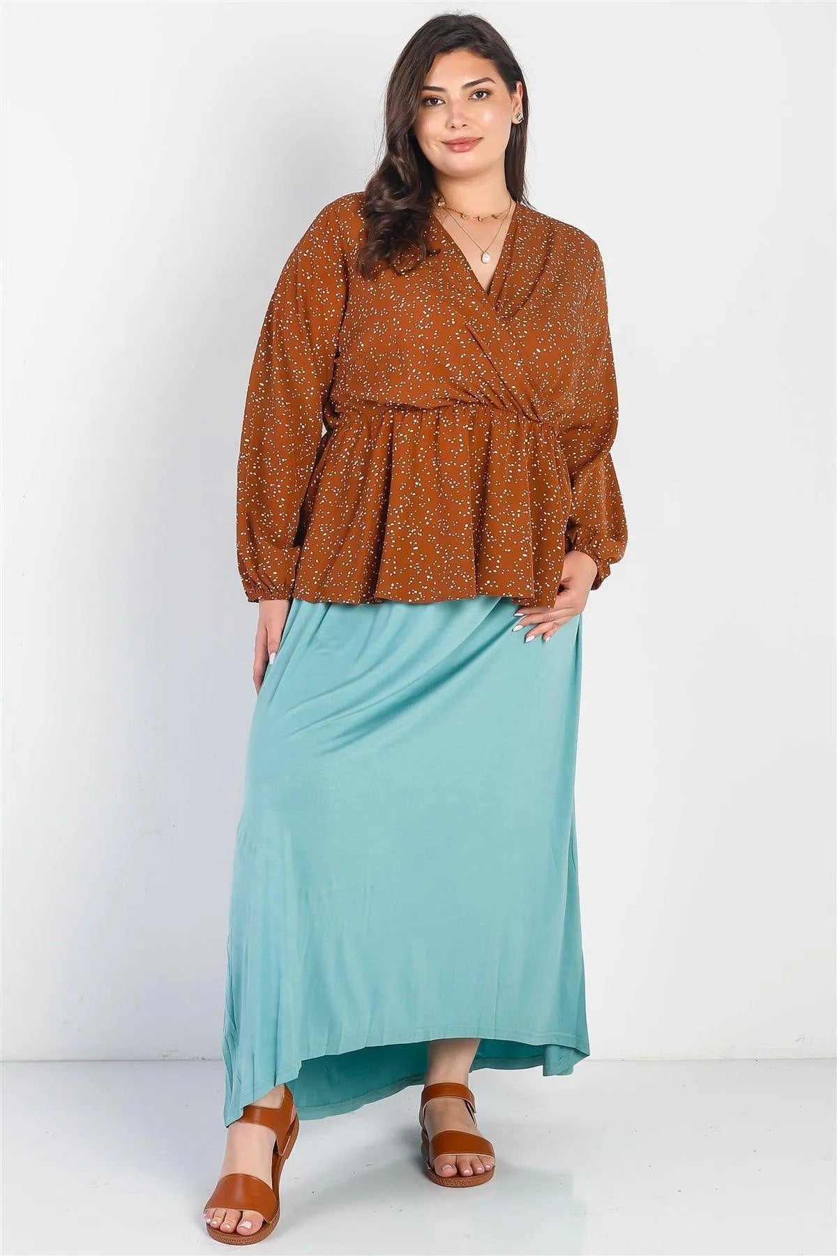 Junior Plus Brown & Ivory Polka Dot Flare Hem Flare Top /1-2-1 - Tasha Apparel Wholesale