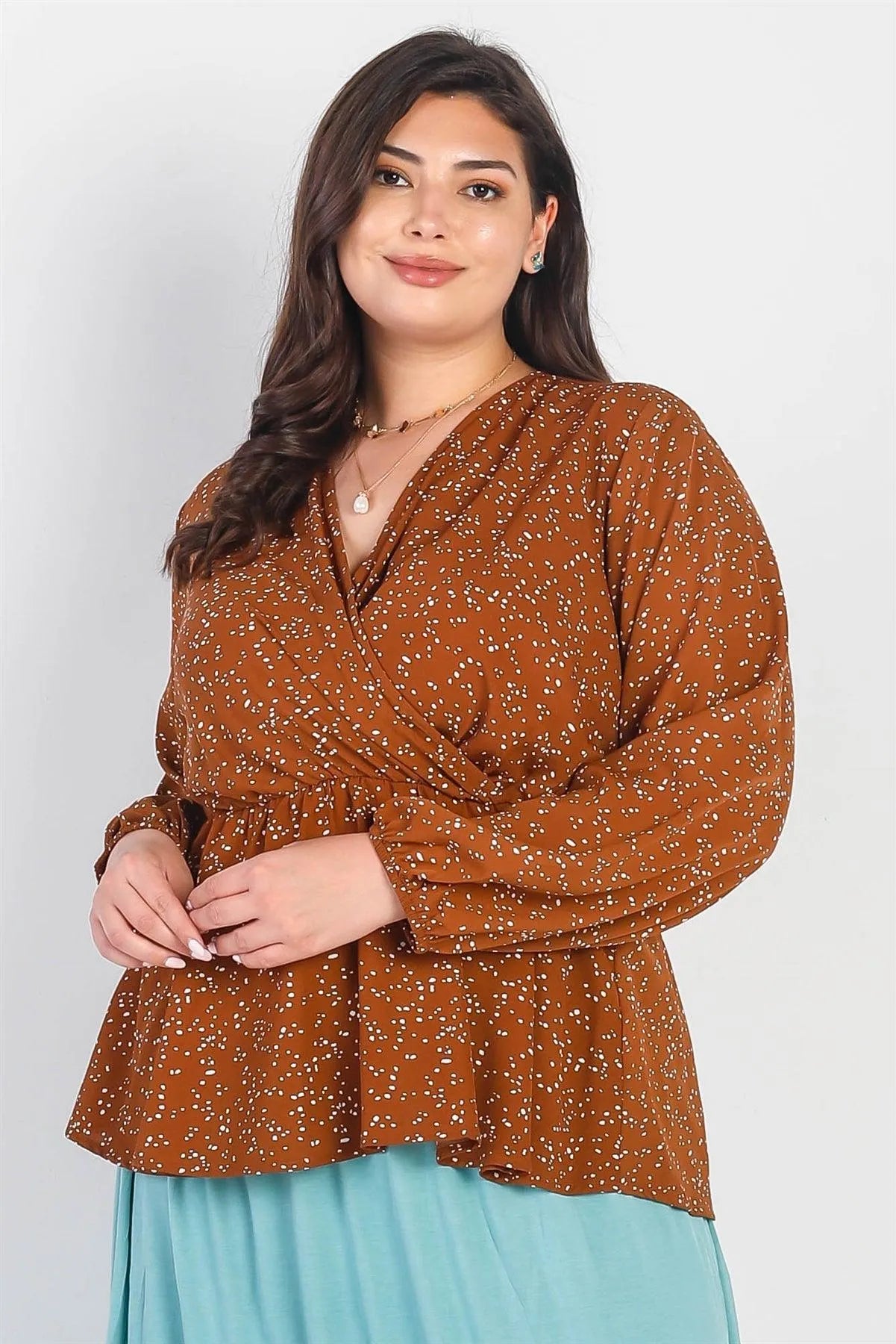 Junior Plus Brown & Ivory Polka Dot Flare Hem Flare Top /3-2-1 - Tasha Apparel Wholesale