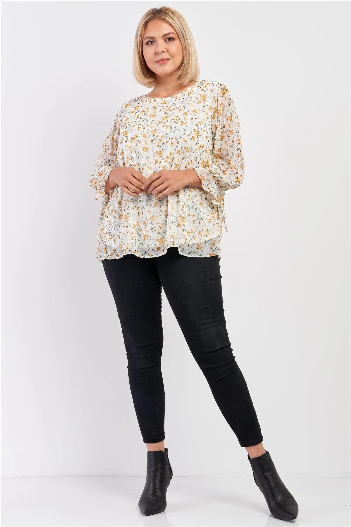 Junior Plus Size Ivory Yellow Floral Print Relaxed Fit Draw String Self Tie Puff Midi Sleeve Top /3-2-1 - Tasha Apparel Wholesale