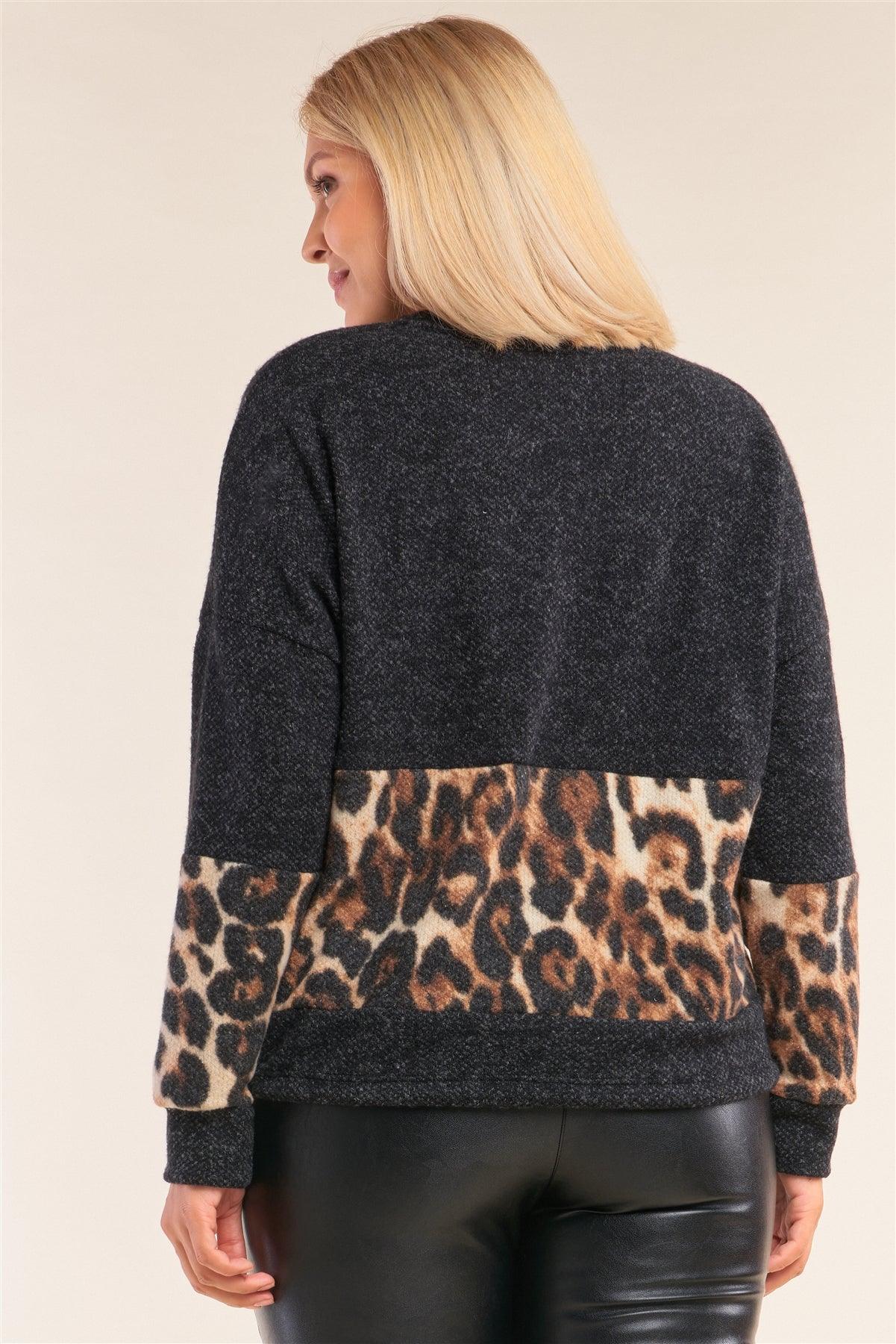 Junior Plus Size Charcoal Grey Leopard Print Trim Round Neck Long Sleeve Draw String Tie Hem Sweater