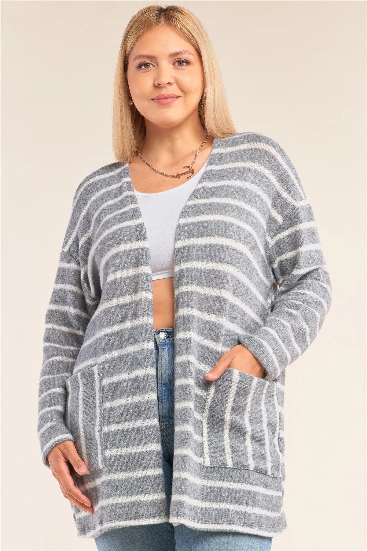 Junior Plus Size Grey And White Soft Striped Open Front Side Pockets Cardigan /2-2-1-1 - Tasha Apparel Wholesale
