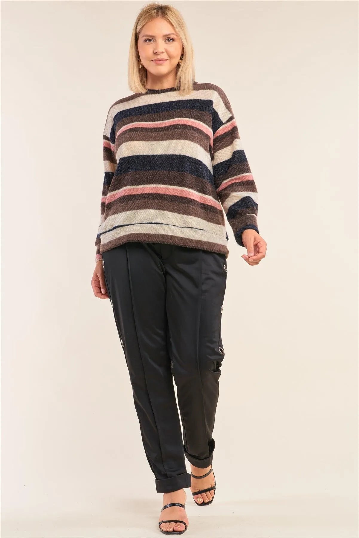 Junior Plus Size Striped Print Relaxed Fit Crew Neck Sweater /2-2-1-1 - Tasha Apparel Wholesale