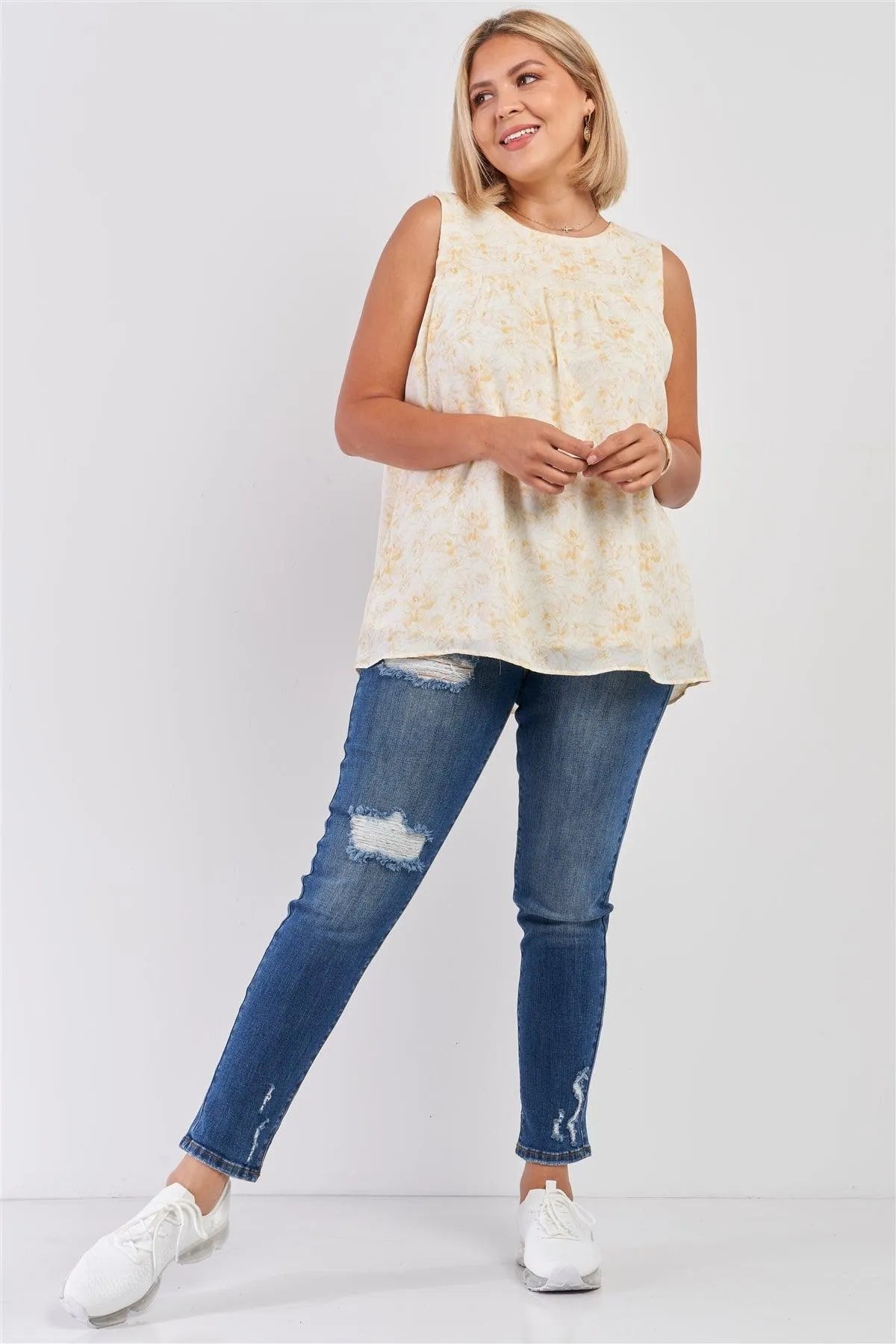 Junior Plus White & Yellow Sleeveless Brushed Print Round Neck Babydoll Top /3-2-1 - Tasha Apparel Wholesale