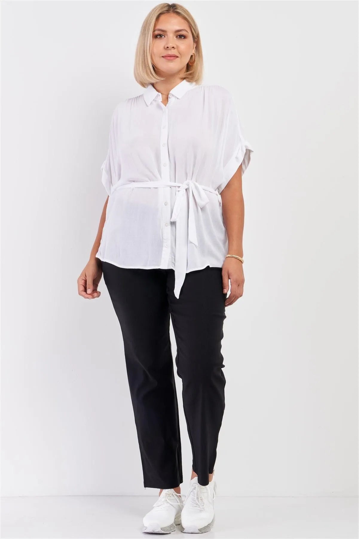 Junior Plus Off-White Short Sleeve Button Down Self-Tie Waist Belt Detail Shirt /3-2-1 - Tasha Apparel Wholesale