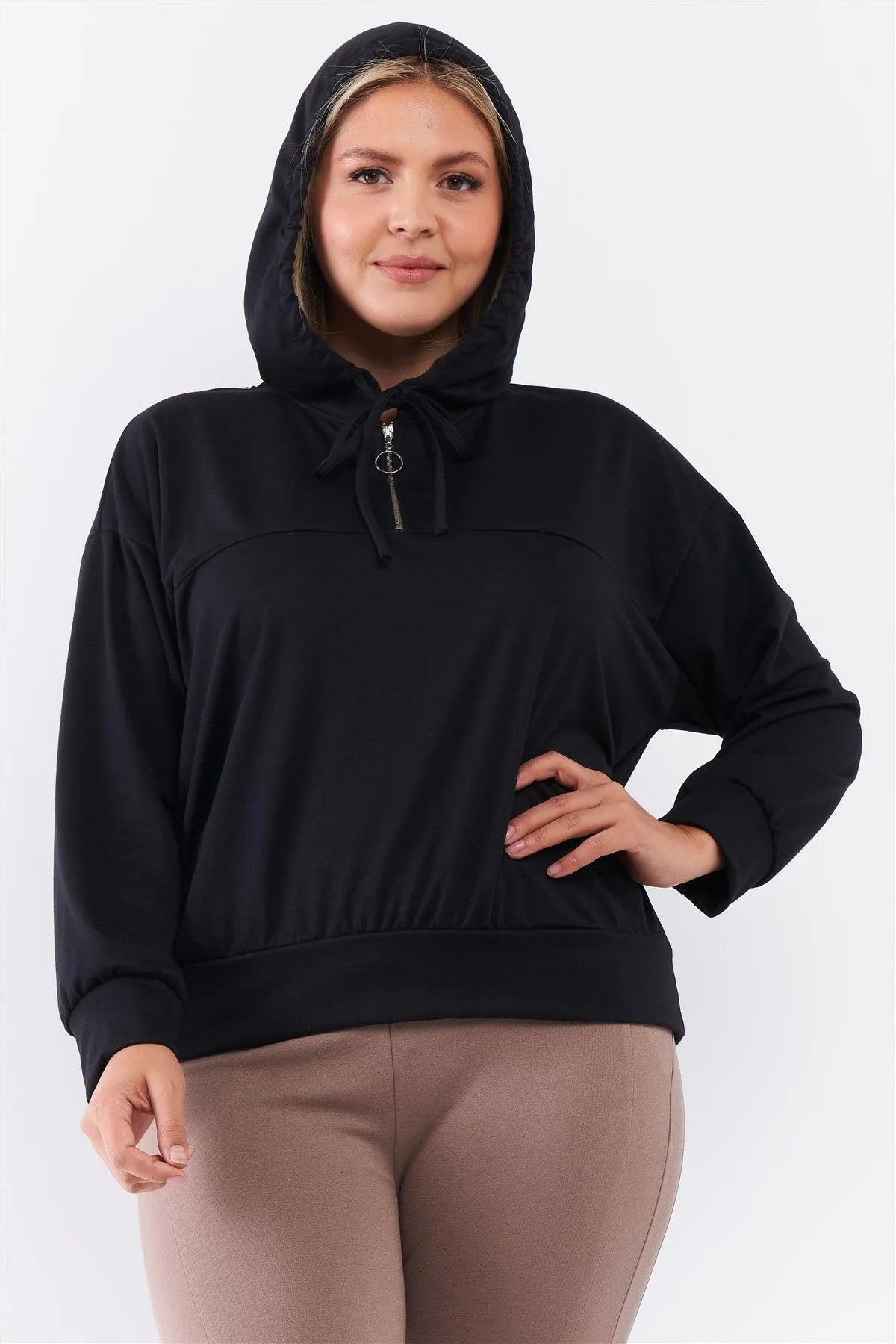 Junior Plus Black Oversize High Neck Zip-Up Detail Draw String Tie Hoodie Sweatshirt /3-2-1 - Tasha Apparel Wholesale