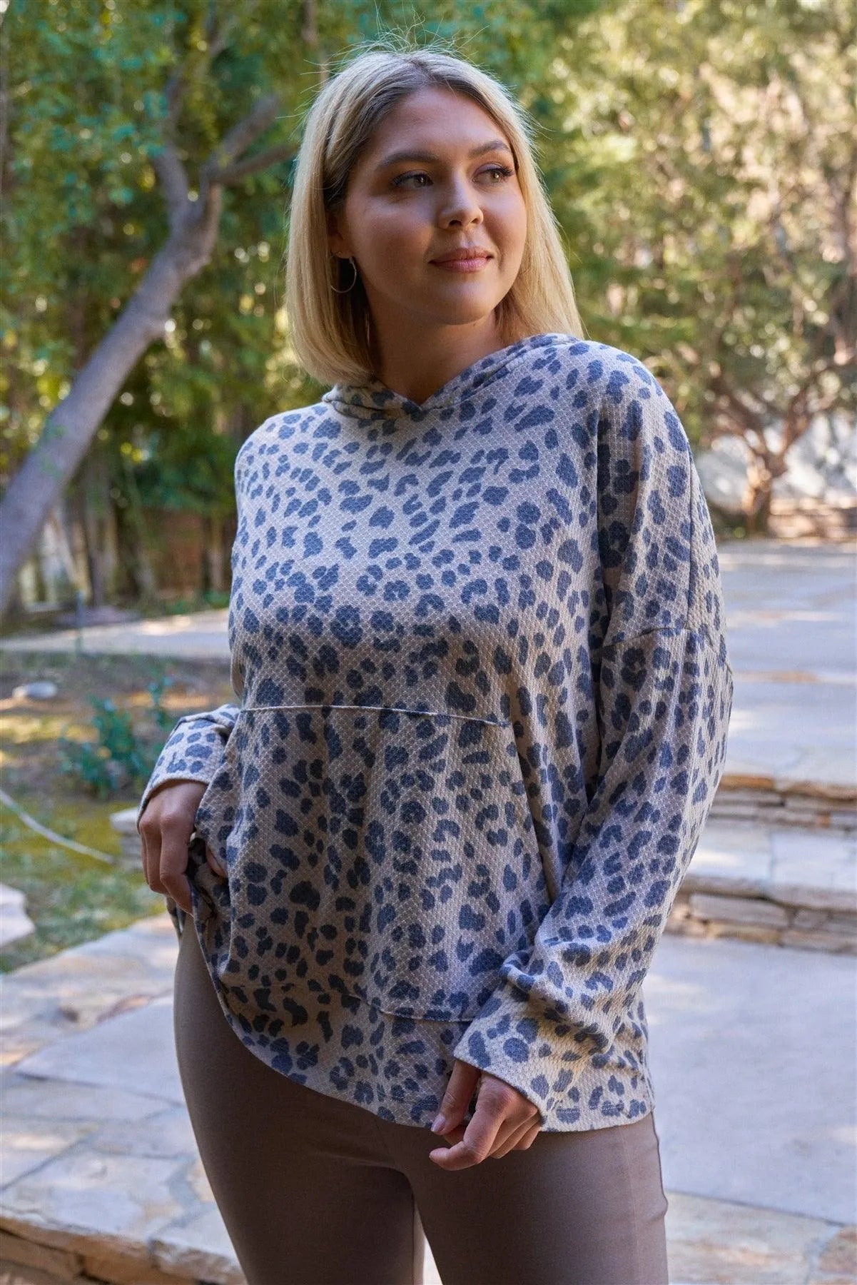 Plus Size Taupe & Black Cheetah Hooded Knit Sweatshirt /2-2-1 - Tasha Apparel Wholesale