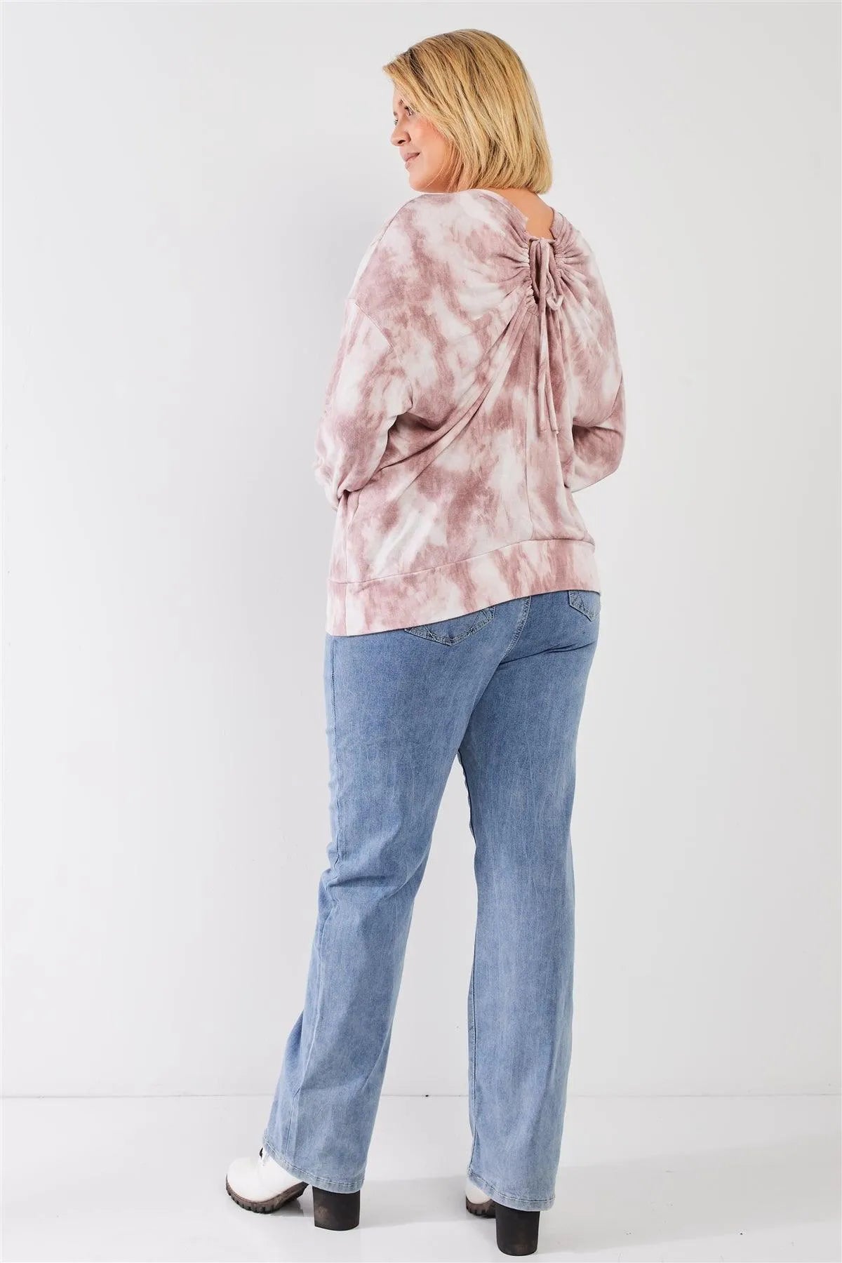 Junior Plus Mauve Tie-Dye Ruched Back Detail Long Sleeve Sweatshirt Top /3-2-1 - Tasha Apparel Wholesale