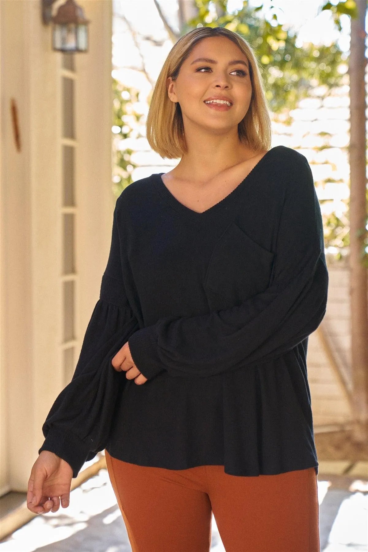 Junior Plus Black Super Soft Long Balloon Sleeve Soft V-Neck Front Pocket Loose Fit Top /3-2-1 - Tasha Apparel Wholesale