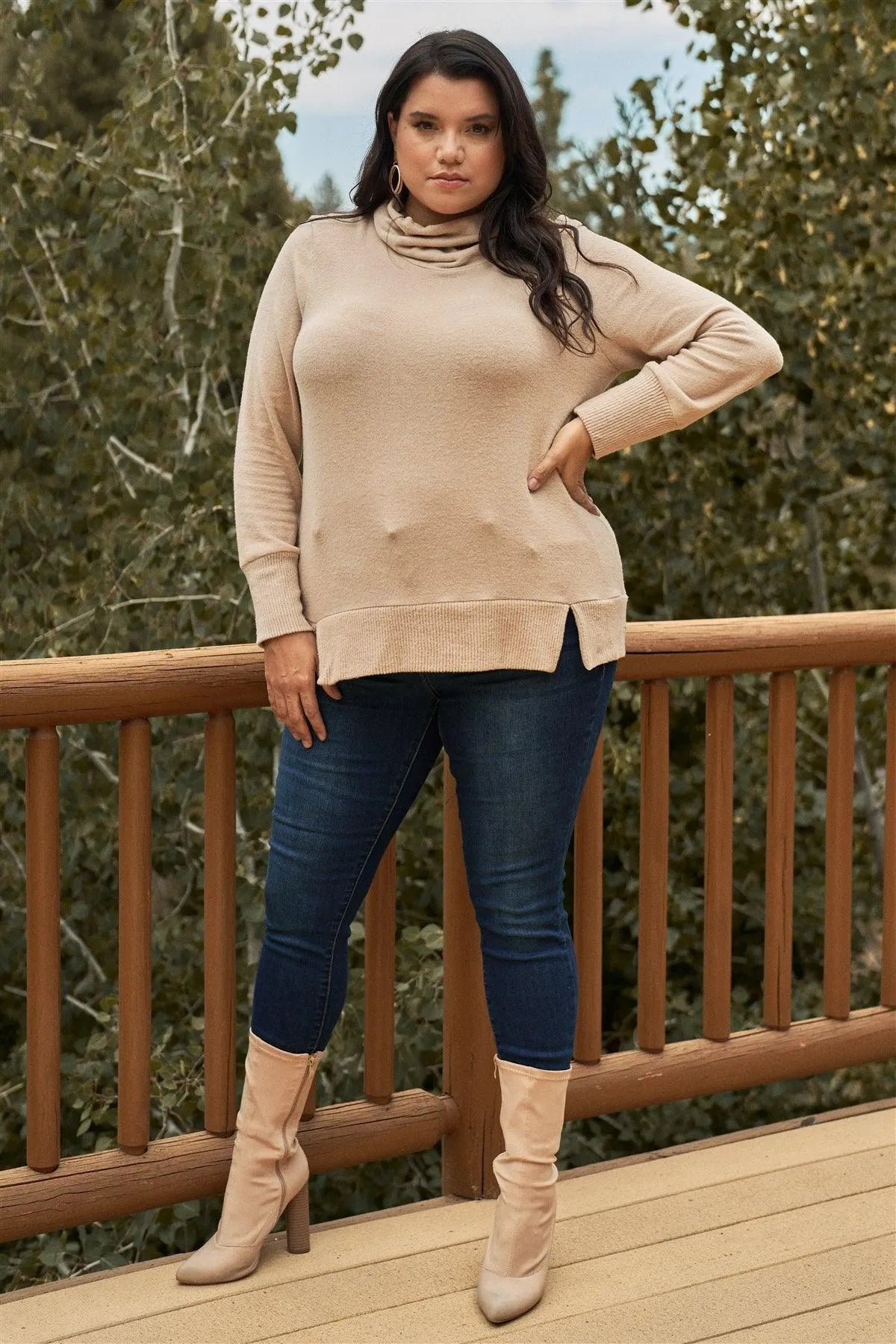 Junior Plus Khaki High Cowl Neck Long Sleeve Rib Hem Sweater Top /3-2-1 - Tasha Apparel Wholesale
