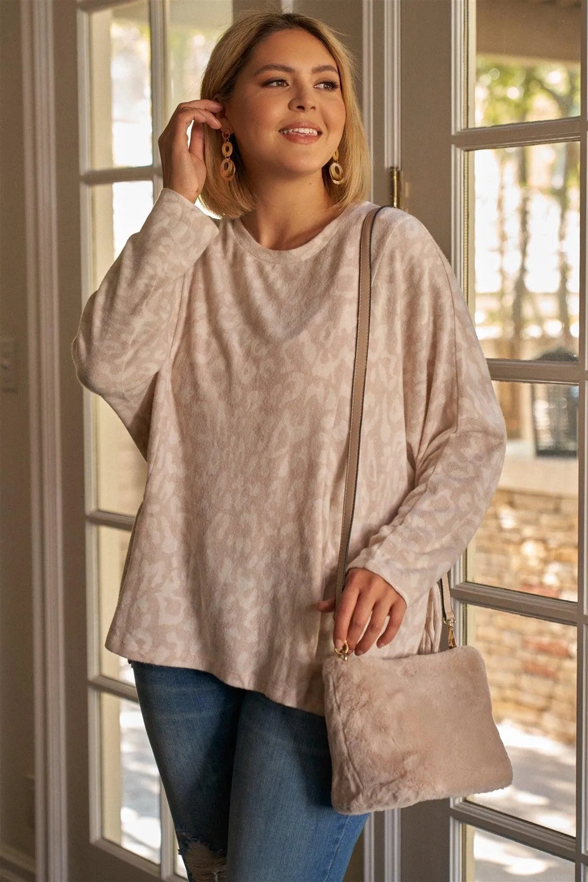 Junior Plus Size Mauve & Ivory Animal Print Gathered Sides Detail Long Sleeve Top /3-2 - Tasha Apparel Wholesale