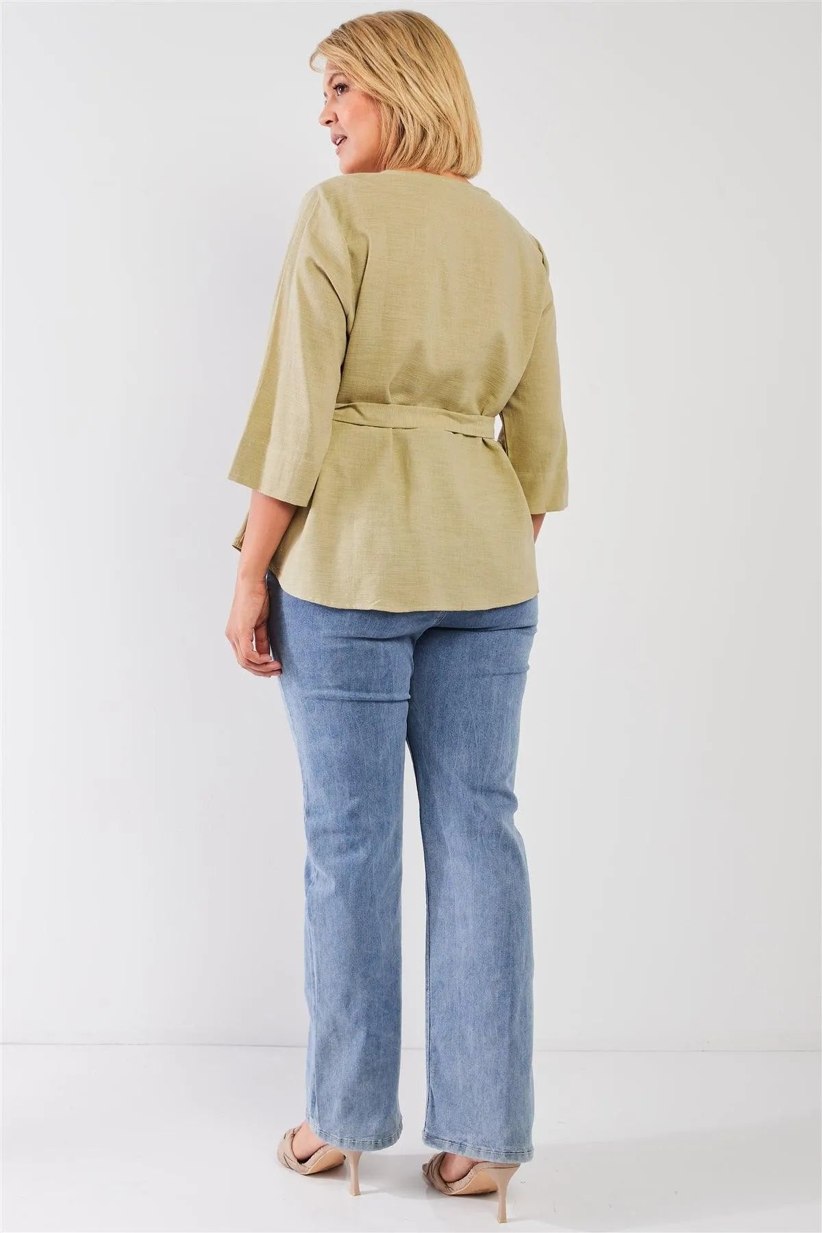 Junior Plus Olive Sage Round Neck Midi Sleeve Self-Tie Belt Detail Loose Fit Top /3-2-1 - Tasha Apparel Wholesale