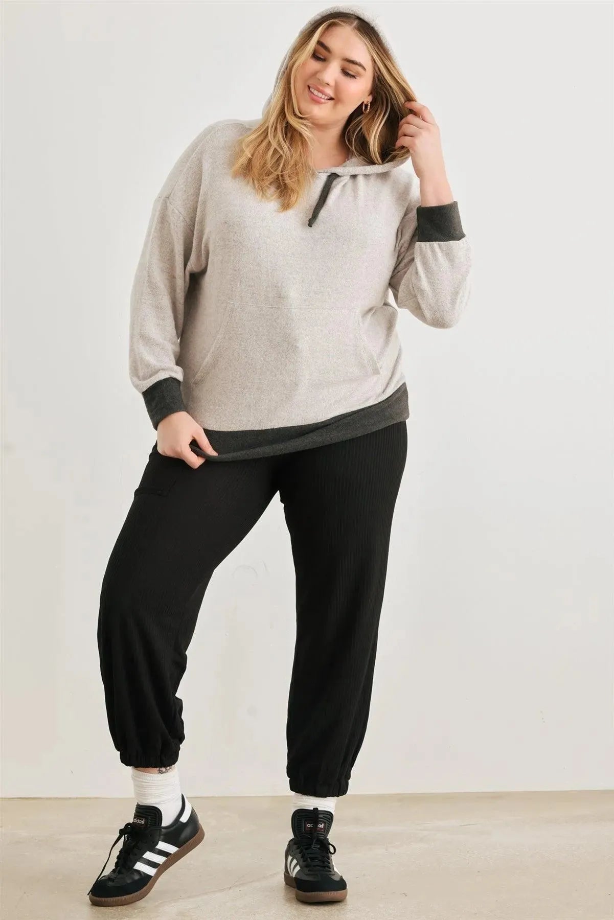 Plus Size Two-Tone Kangaroo Pocket Soft Hoodie - Tasha Apparel Wholesale