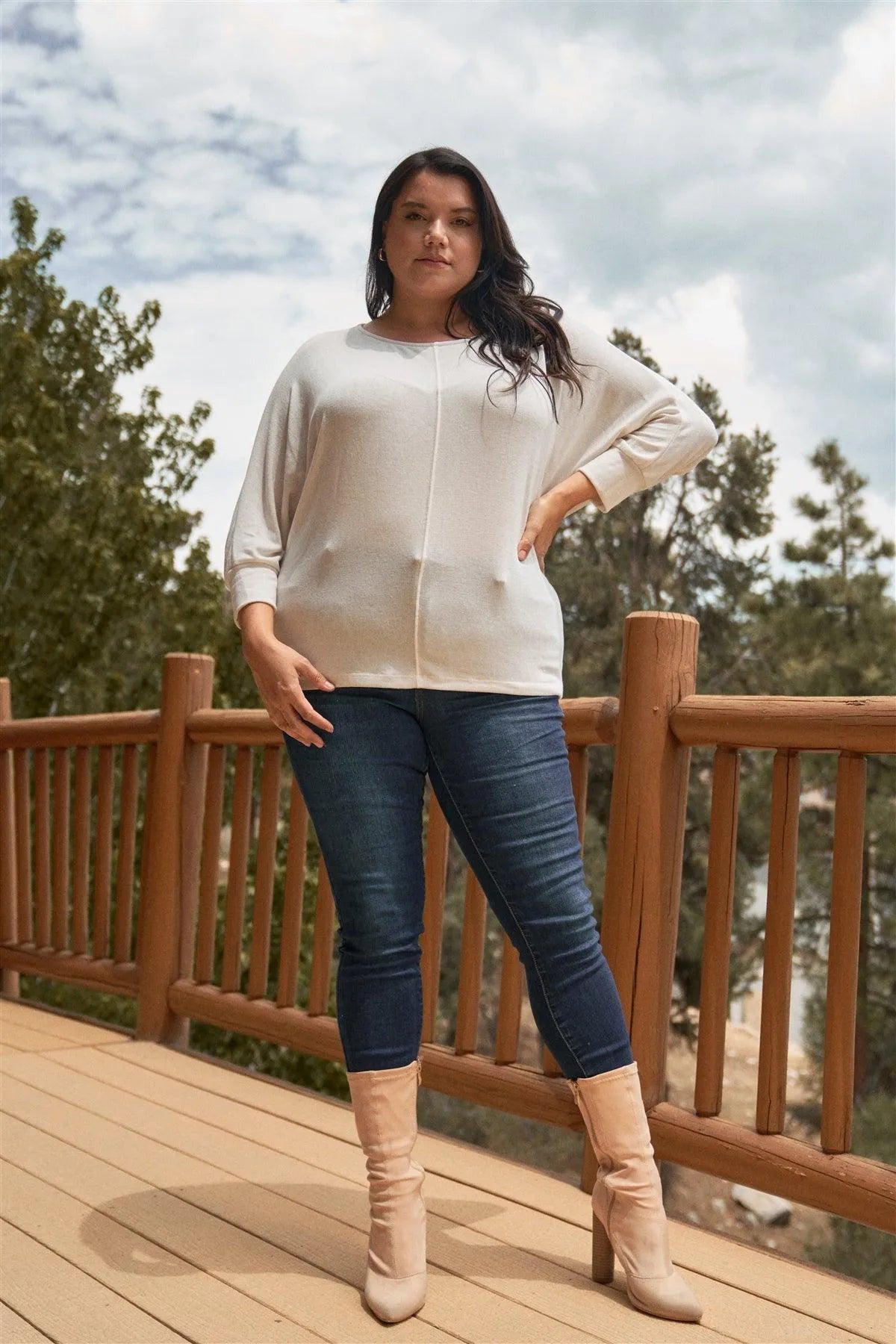 Plus Size Oatmeal Dolman Sleeve Tie Back Top /3-2-1 - Tasha Apparel Wholesale