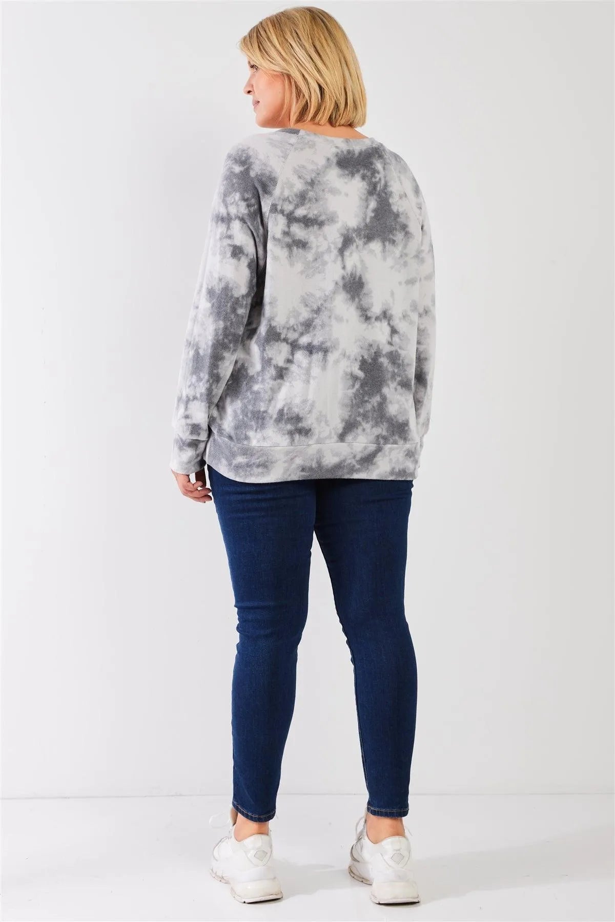 Junior Plus Charcoal Grey Tie-Dye Polyester Fleece Round Neck Long Sleeve Relaxed Top /3-2-1 - Tasha Apparel Wholesale