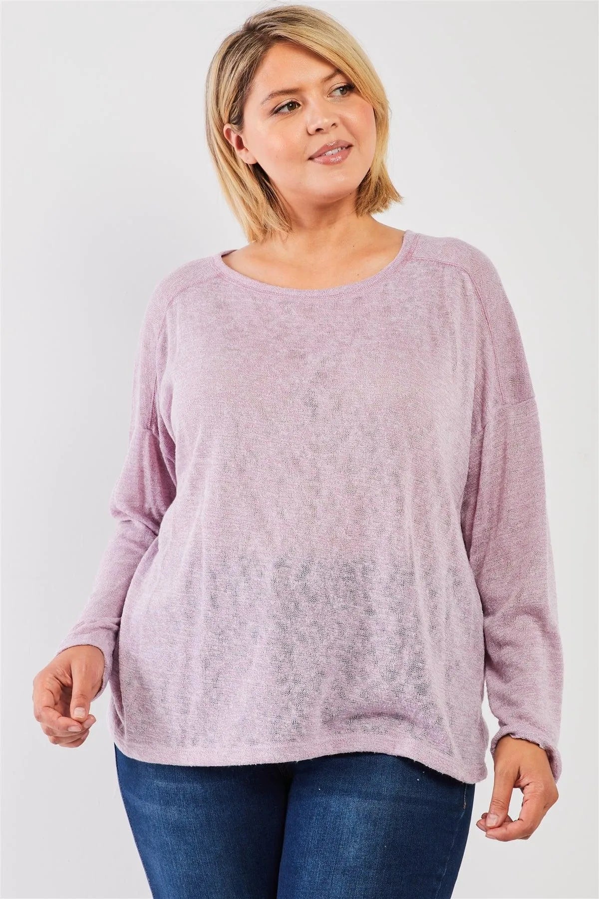 Junior Plus Blush-Lavender Round Neck Lightweight Knit Long Sleeve Top /3-2-1 - Tasha Apparel Wholesale