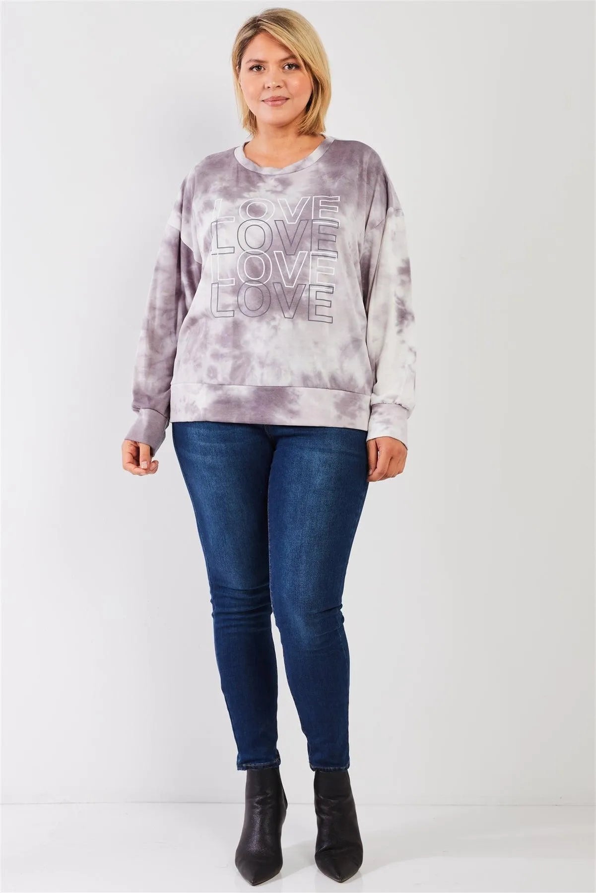 Junior Plus Grey Tie-Dye "LOVE" Crew Neck Dropped Shoulders Long Sleeve Top /3-2-1 - Tasha Apparel Wholesale