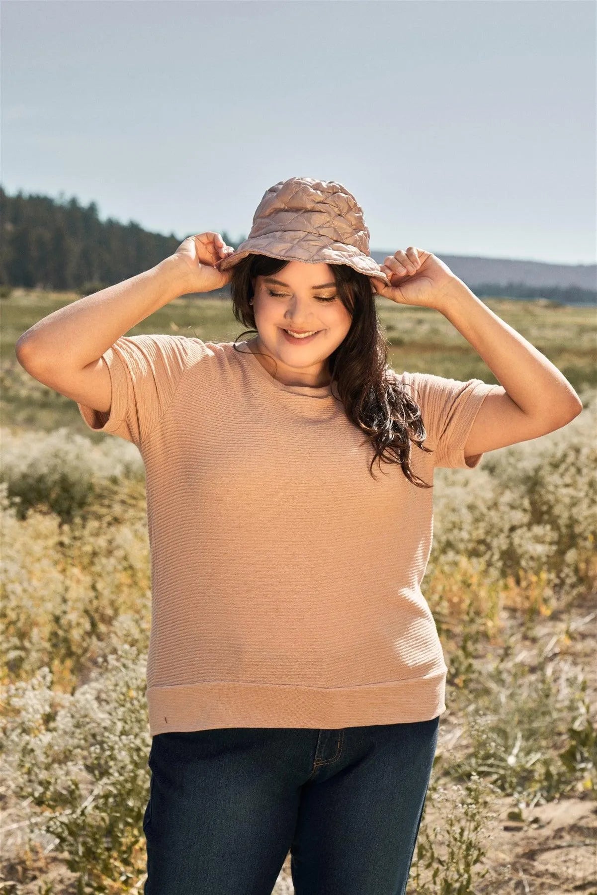 Junior Plus Light Apricot Round Neck Short Sleeve Ribbed Top /3-2-1 - Tasha Apparel Wholesale
