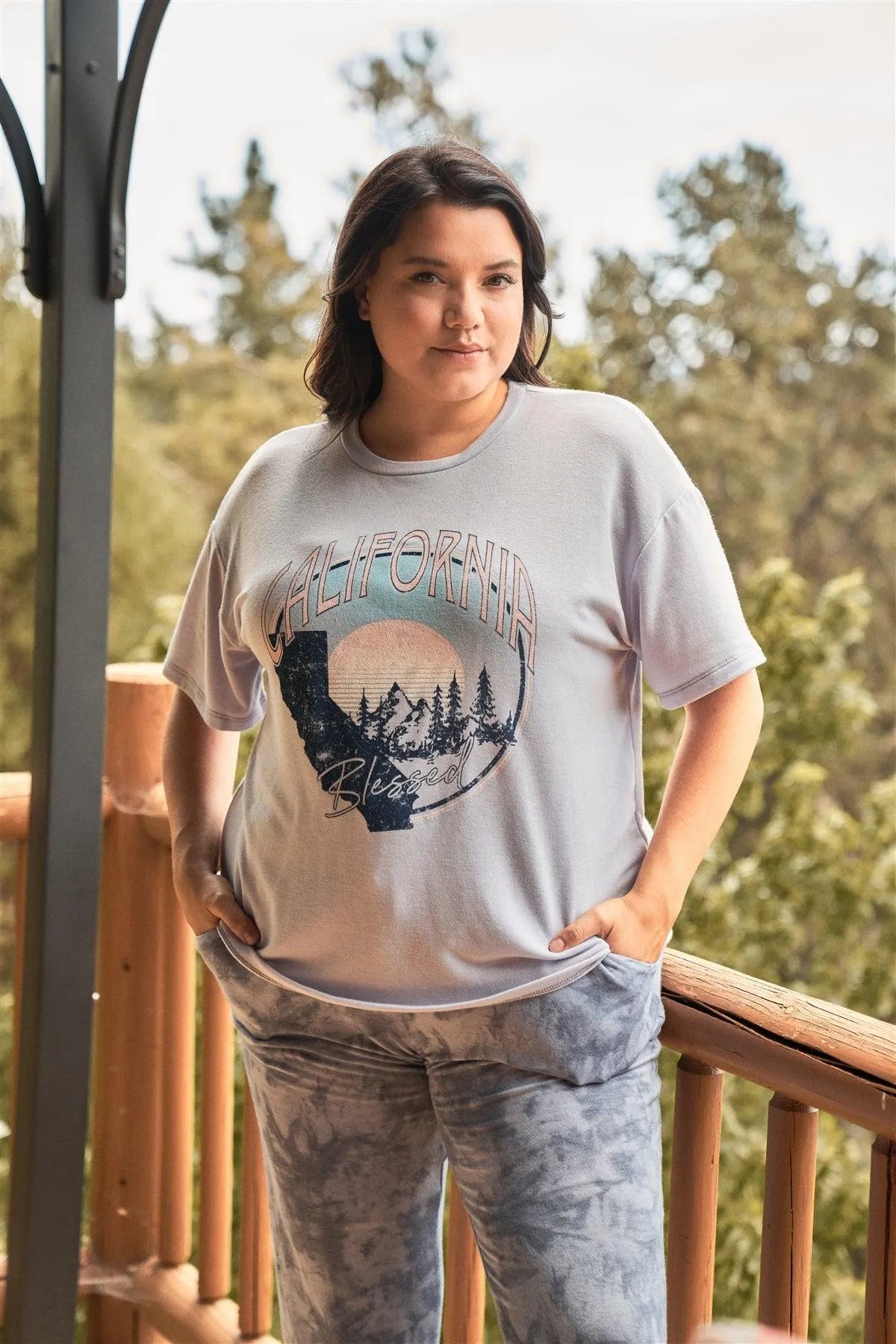 Junior Plus Lavender "California Blessed" Vintage Print Round Neck Short Sleeve Top - Tasha Apparel Wholesale