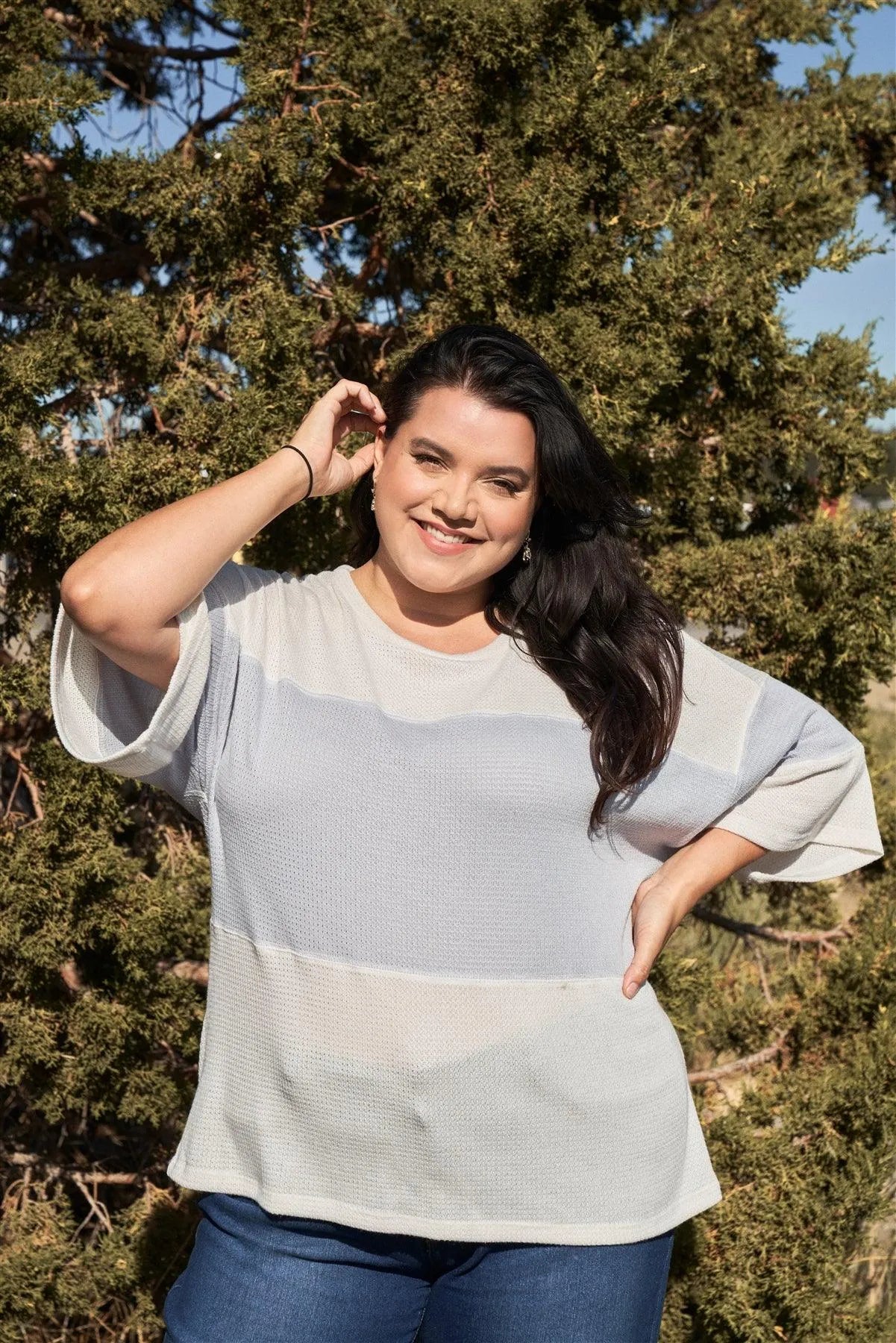 Junior Plus Ivory & Lavender Colorblock 3/4 Flare Sleeve Dropped Shoulder Top /3-2-1 - Tasha Apparel Wholesale