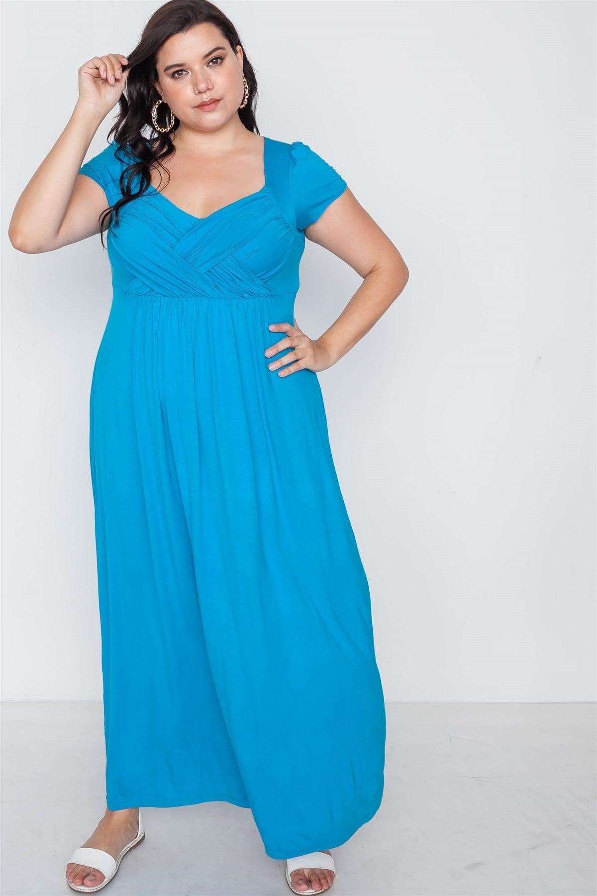 Plus Size Hawaii Blue Short Sleeve Maxi Dress