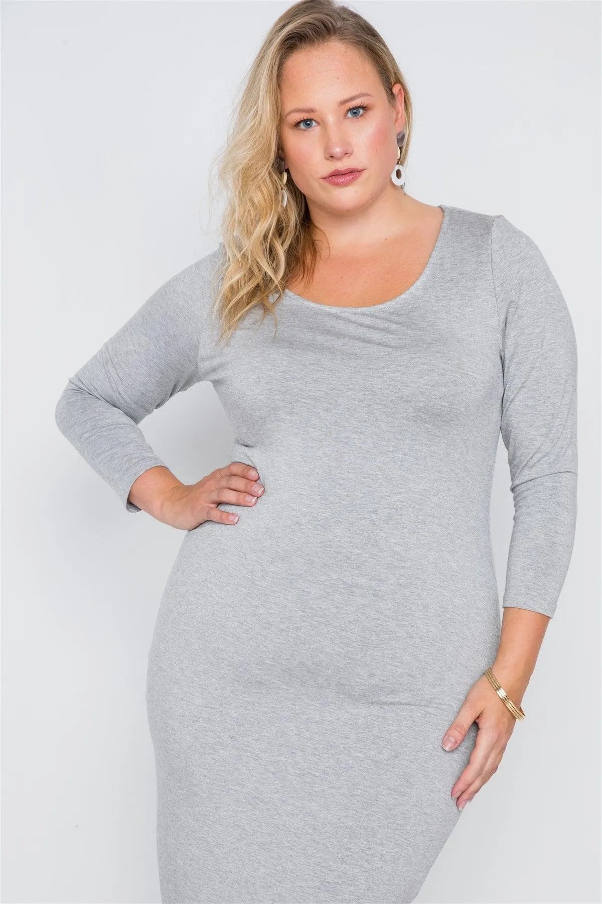 Junior Plus Size Grey Basic Long Sleeve Midi Dress /1-2-2-1 - Tasha Apparel Wholesale