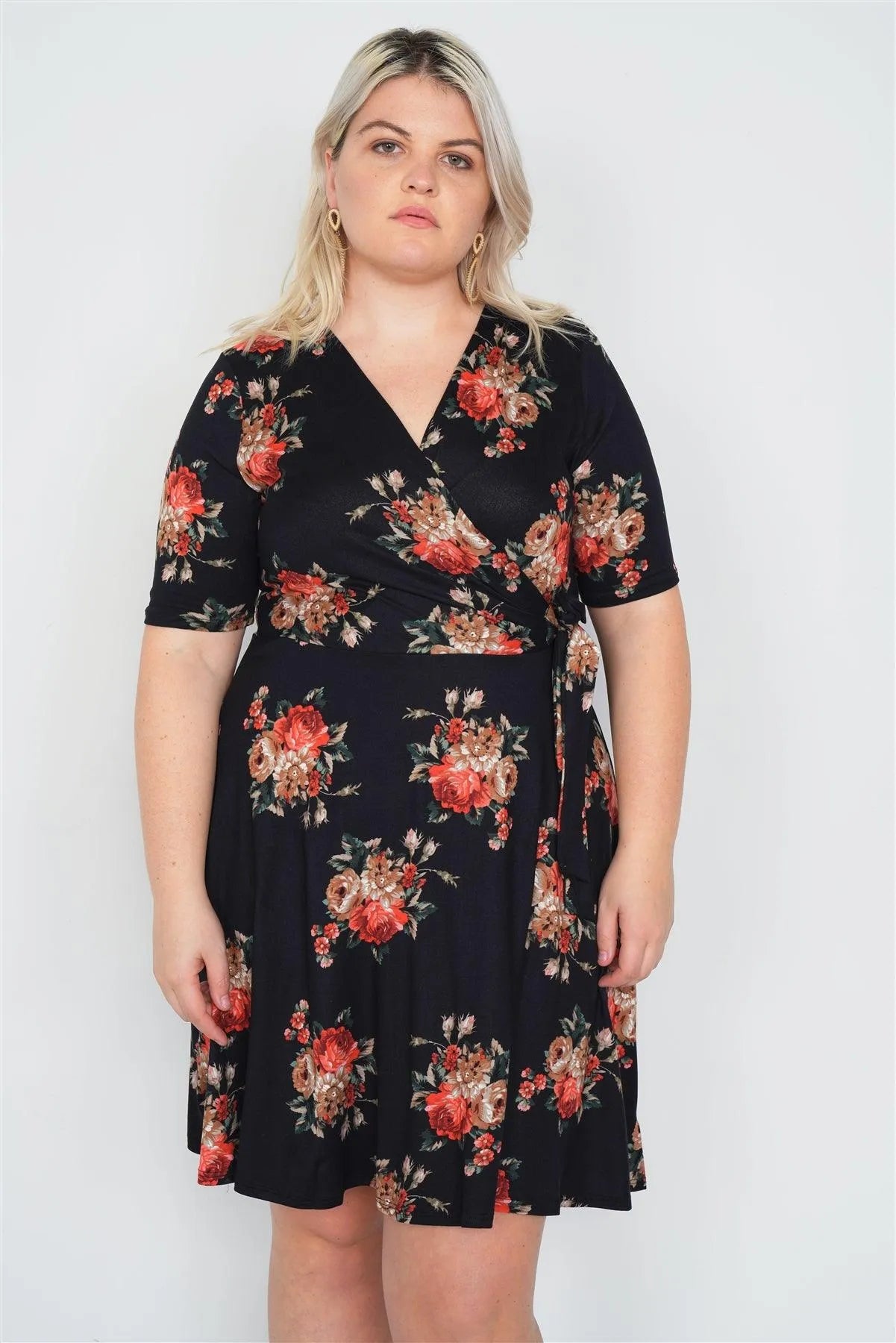 Junior Plus Size Black Floral Print Mock Wrap Casual V-Neck Midi Dress /1-2-2-1 - Tasha Apparel Wholesale