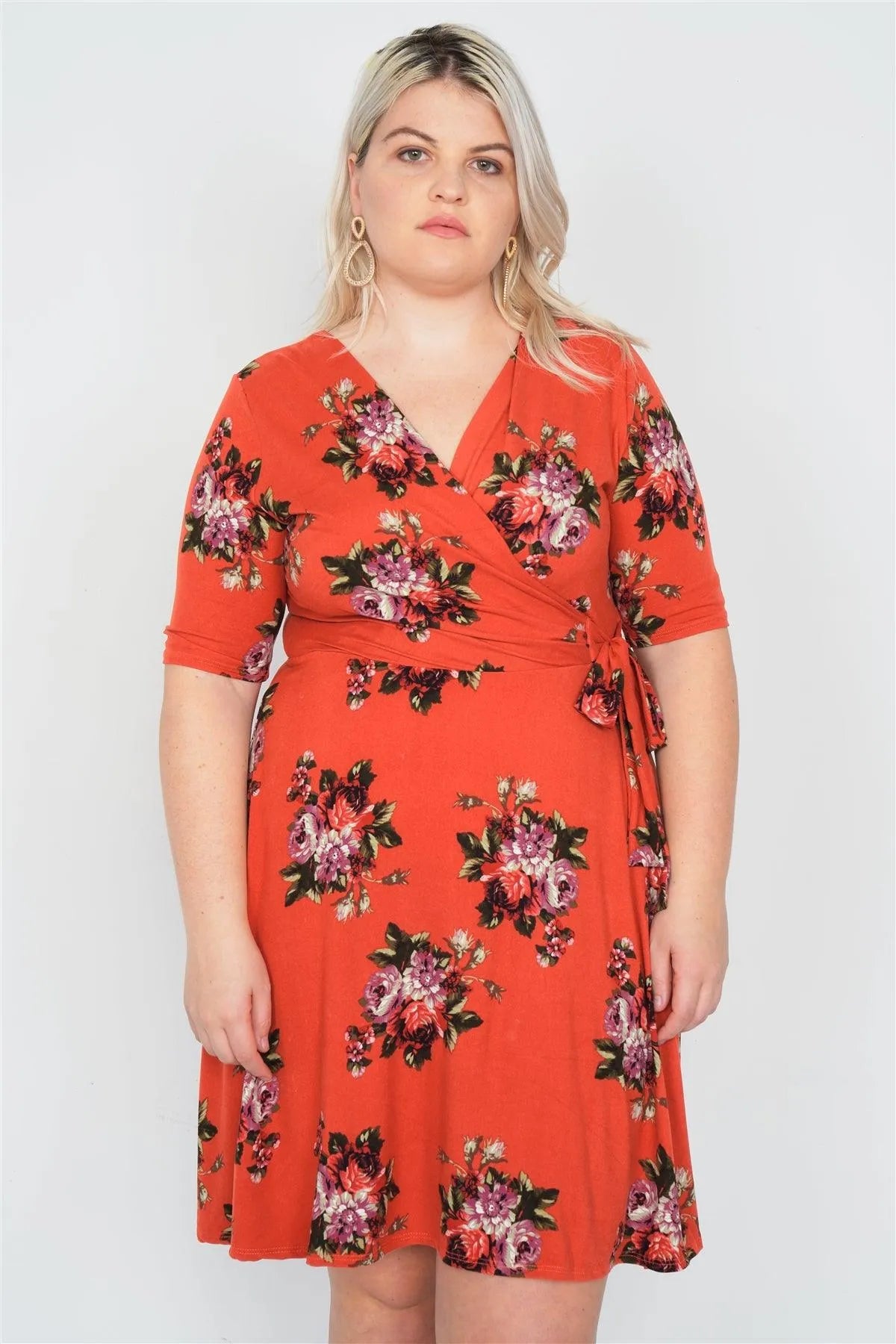 Junior Plus Size Rust Floral Print Mock Wrap Casual V-Neck Midi Dress /1-3-2 - Tasha Apparel Wholesale