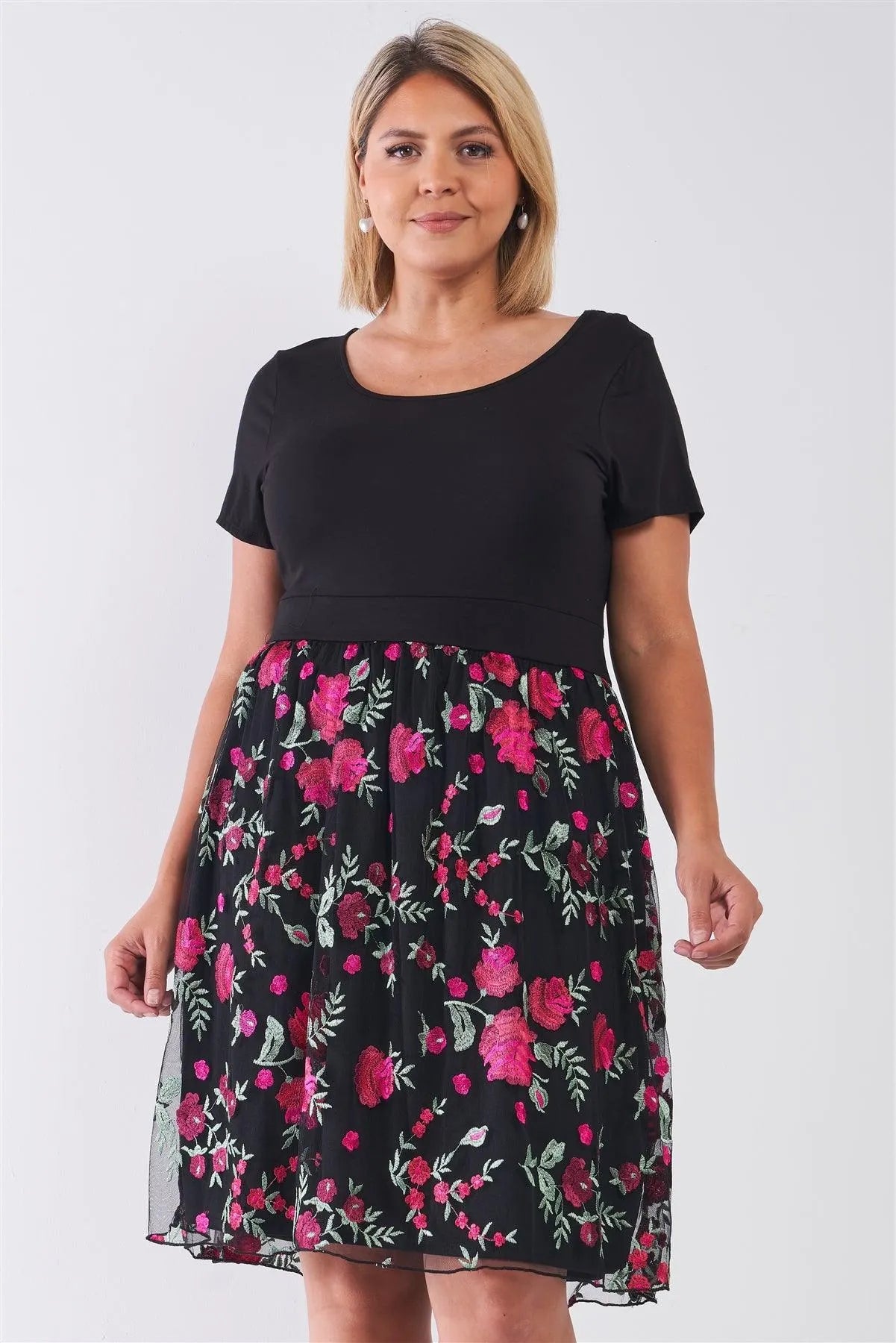 Junior Plus Size Black & Multi Short Sleeve Round Neck Floral Print Mini Dress /2-2-2 - Tasha Apparel Wholesale