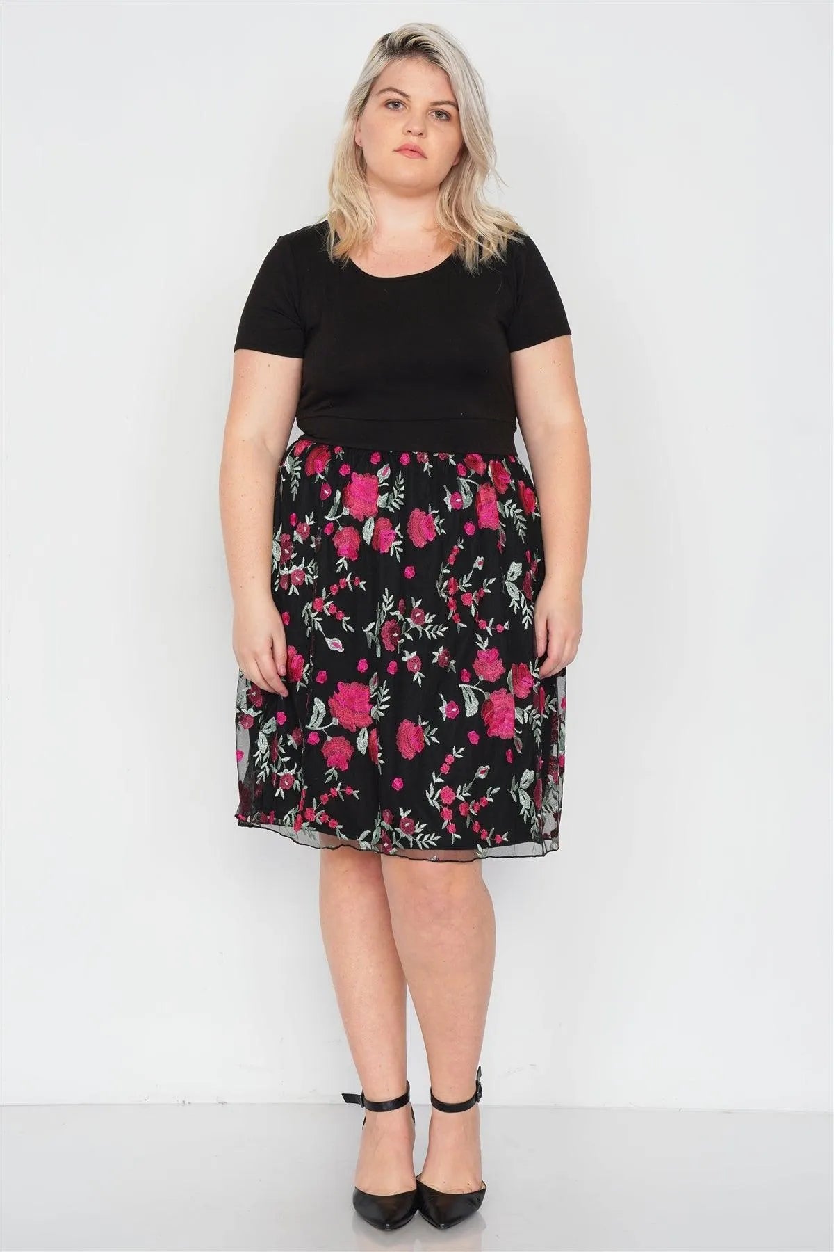 Junior Plus Size Black Tulle Floral Print Mini Dress /1-2-3 - Tasha Apparel Wholesale
