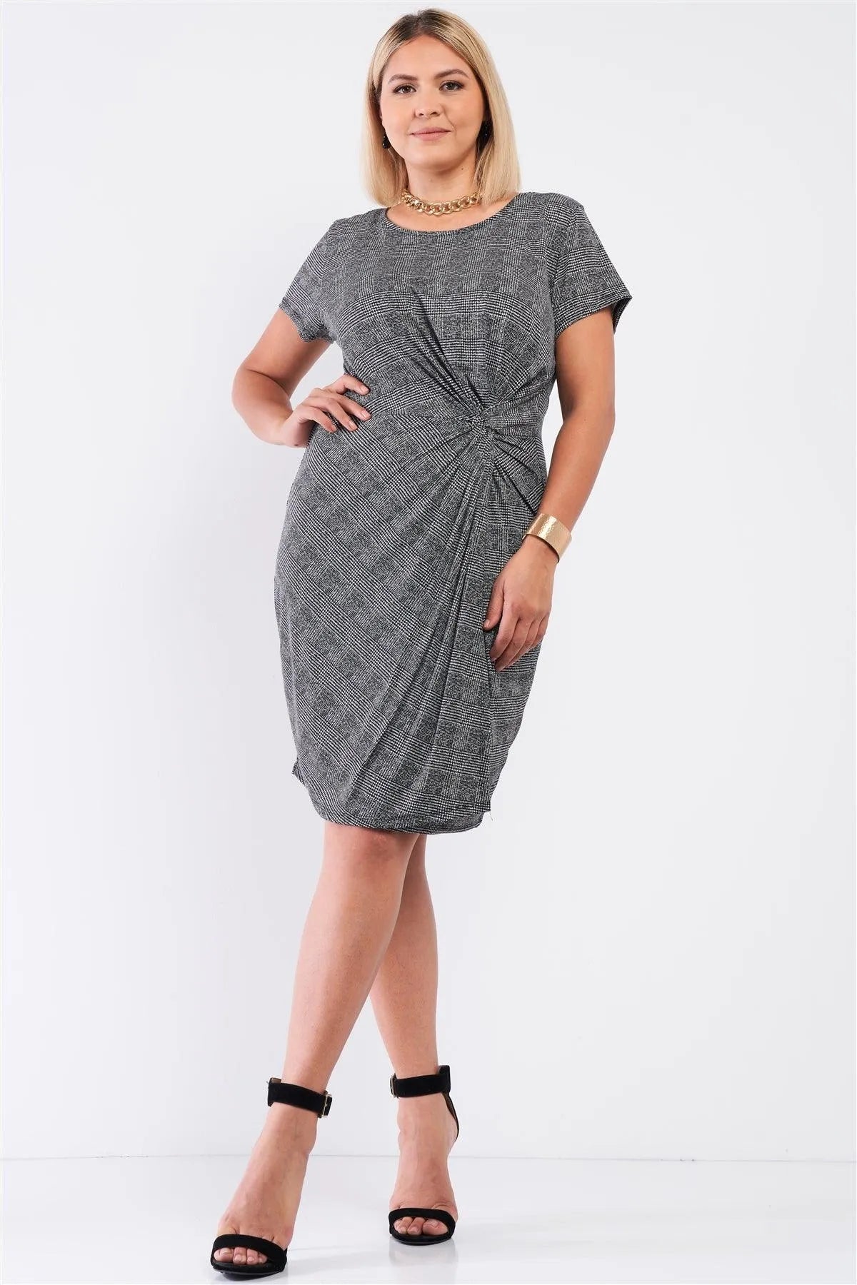 Junior Plus Black & White Checkered Gathered Wrap Twist Front Detail Dress /2-2-1 - Tasha Apparel Wholesale