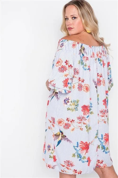 Plus Size Blue White Off The Shoulder Dress - Tasha Apparel Wholesale