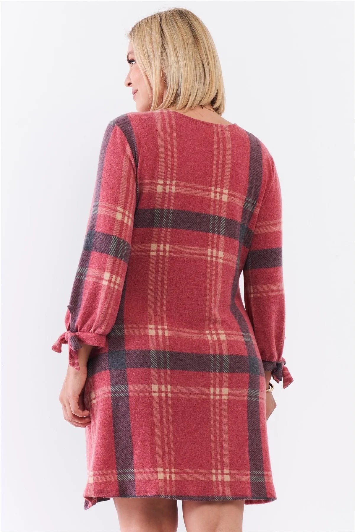 Junior Plus Retro Red Plaid Bow Detail Midi Sleeve Relaxed Soft Mini Dress /3-2-1 - Tasha Apparel Wholesale