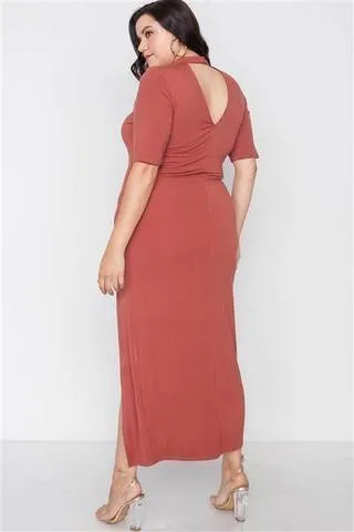 Plus Size Rust Site Slit Mock Neck Maxi Dress - Tasha Apparel Wholesale