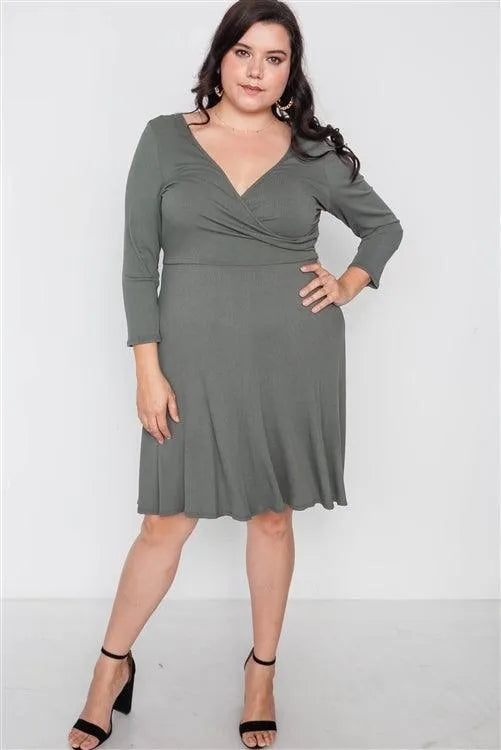 Plus Size Ribbed Military Olive V-Neck Dress - Tasha Apparel Wholesale