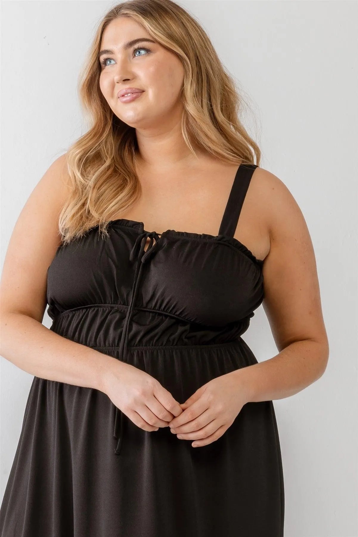 Junior Plus Black Woven Ruffle Sleeveless Mini Dress /3-2-1 - Tasha Apparel Wholesale