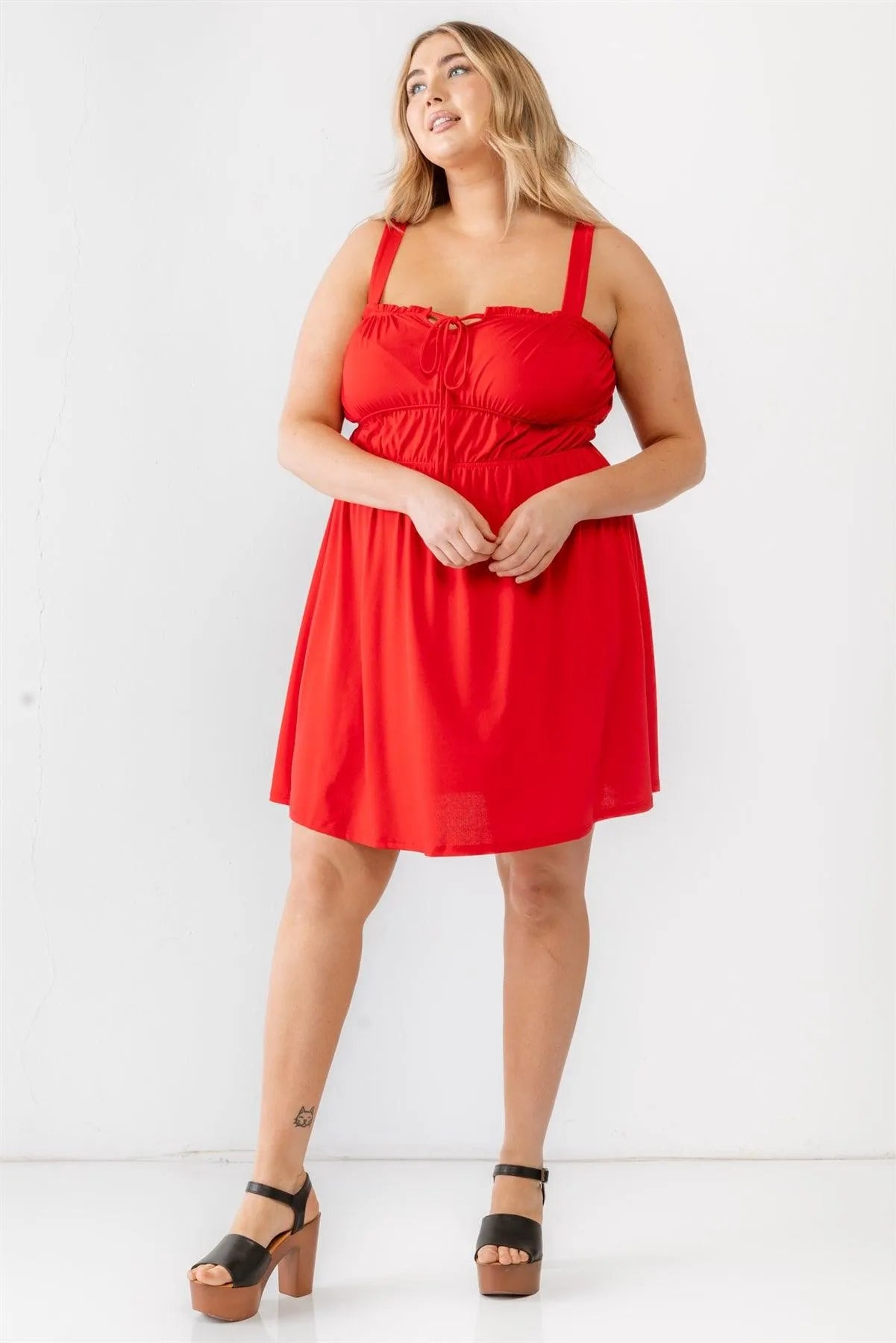 Junior Plus Red Woven Ruffle Sleeveless Mini Dress /3-2-1 - Tasha Apparel Wholesale