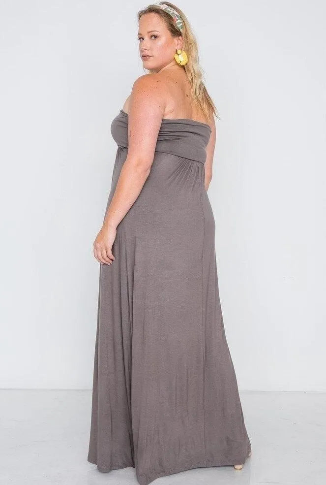 Plus Size Brown Solid Strapless Maxi Tube Dress - Tasha Apparel Wholesale