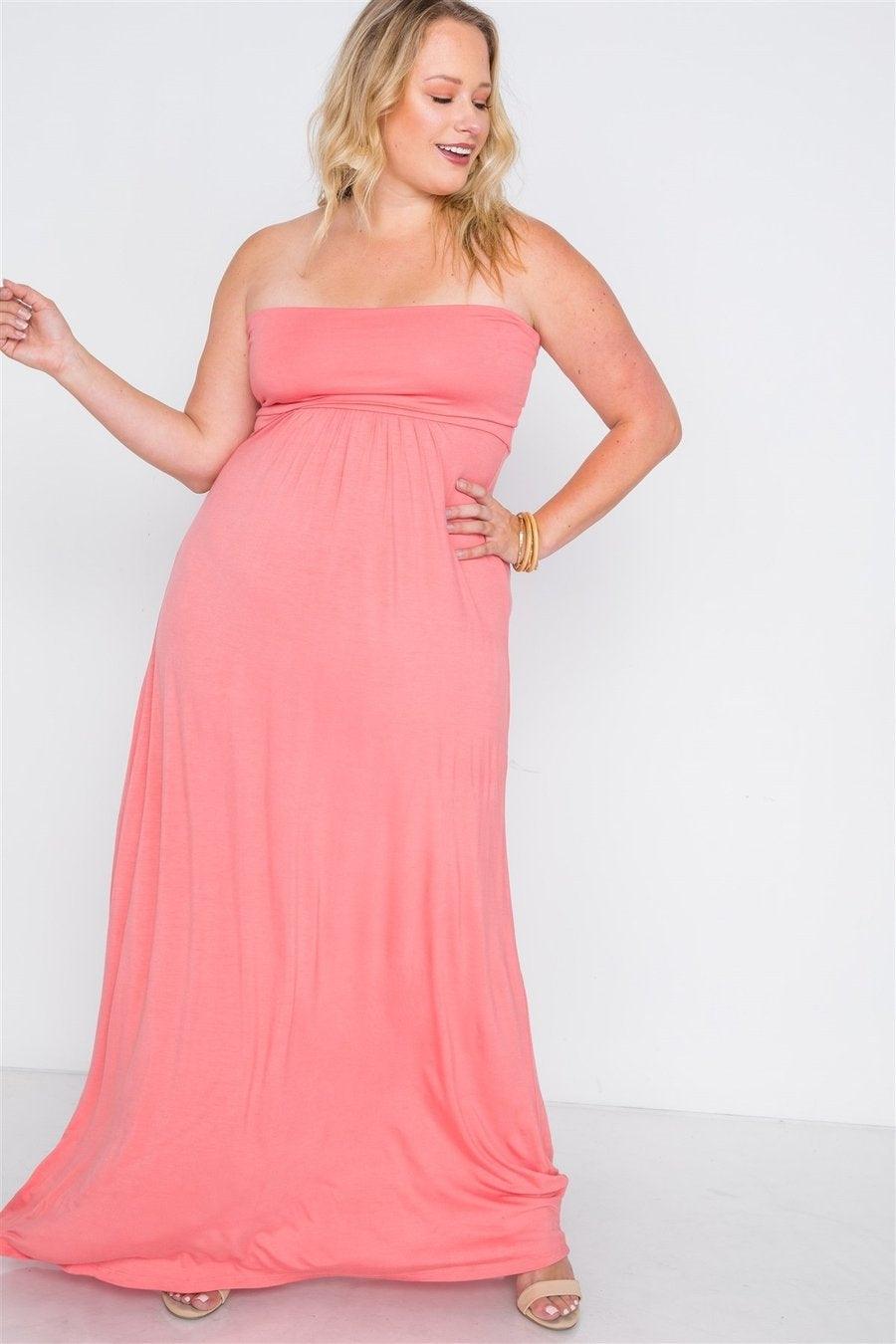 Plus Size Coral Solid Strapless Maxi Tube Dress
