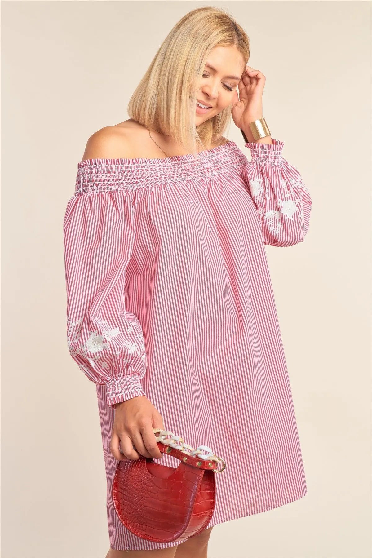 Junior Plus Size Red And White Floral Embroidered Long Balloon Sleeve Mini Dress /2-2-2 - Tasha Apparel Wholesale