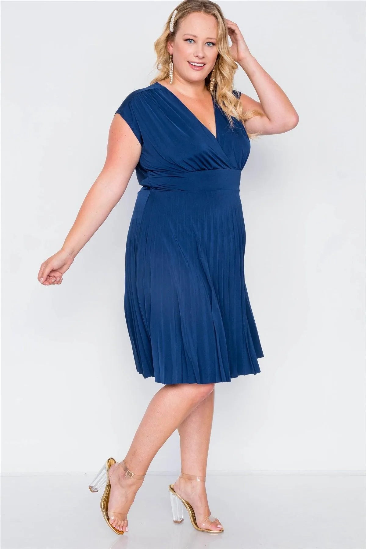 Plus Size Navy Blue Pleat Accordion Fit & Flair Dress - Tasha Apparel Wholesale